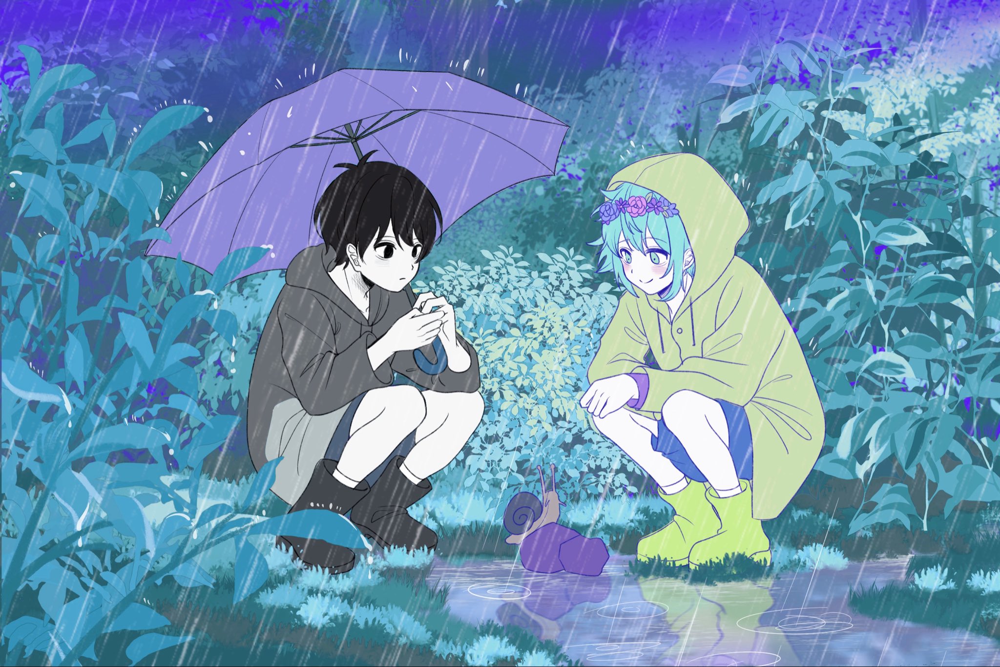 basil (headspace) (omori), basil (omori), omori (omori), omori, highres, 2boys, alternate costume, antenna hair, black boots, black coat, black eyes, black hair, black shorts, blue shorts, blush, boots, bush, closed mouth, coat, collarbone, colored skin, double-parted bangs, double fish037, expressionless, flower, flower wreath, green boots, green coat, hair between eyes, head wreath, holding, holding umbrella, hood, hood up, long sleeves, male focus, multiple boys, outdoors, puddle, rain, raincoat, ripples, rubber boots, short hair, shorts, sidelocks, smile, snail, socks, squatting, umbrella, white skin, white socks