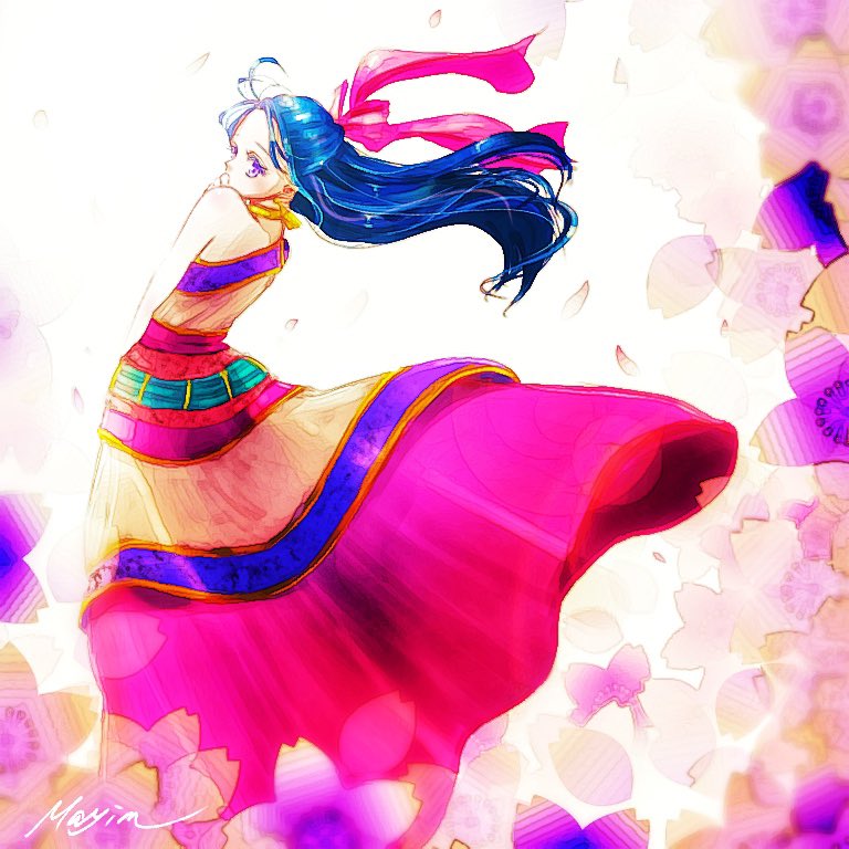 mayim, flora (dq5), dragon quest, dragon quest v, 1girl, artist name, bare arms, blue hair, dress, falling petals, from behind, gold choker, hair ribbon, half updo, long dress, long hair, looking at viewer, multicolored dress, petals, pink dress, pink ribbon, purple eyes, ribbon, sleeveless, sleeveless dress, solo