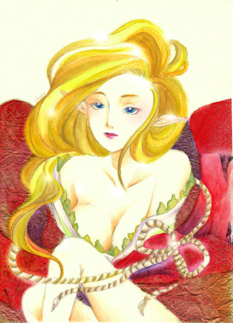 shokoshoko, byunei, romancing saga 3, saga, bad id, bad pixiv id, 1girl, blonde hair, blue eyes, breasts, cleavage, demon girl, japanese clothes, kimono, large breasts, pointy ears