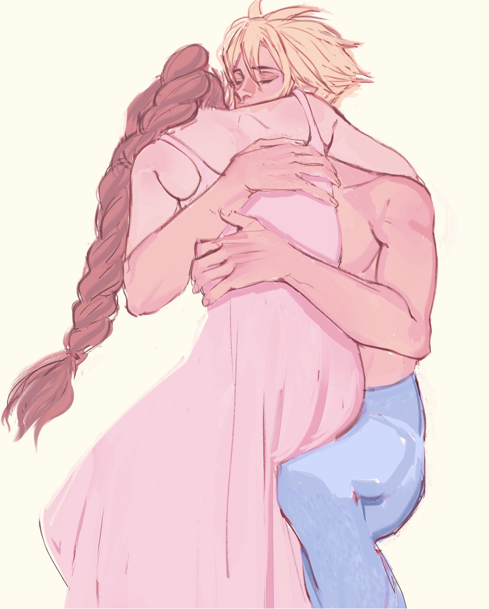 cloud strife, final fantasy, final fantasy vii, final fantasy vii rebirth, final fantasy vii remake, highres, 1boy, 1girl, aerial fireworks, bare shoulders, blonde hair, blue pants, braid, braided ponytail, brown hair, closed eyes, couple, dress, feet out of frame, fireworks, hair between eyes, hetero, hug, long dress, long hair, pants, pink dress, sana31330, short hair, single braid, sitting, sketch, sleeveless, sleeveless dress, spiked hair, topless male
