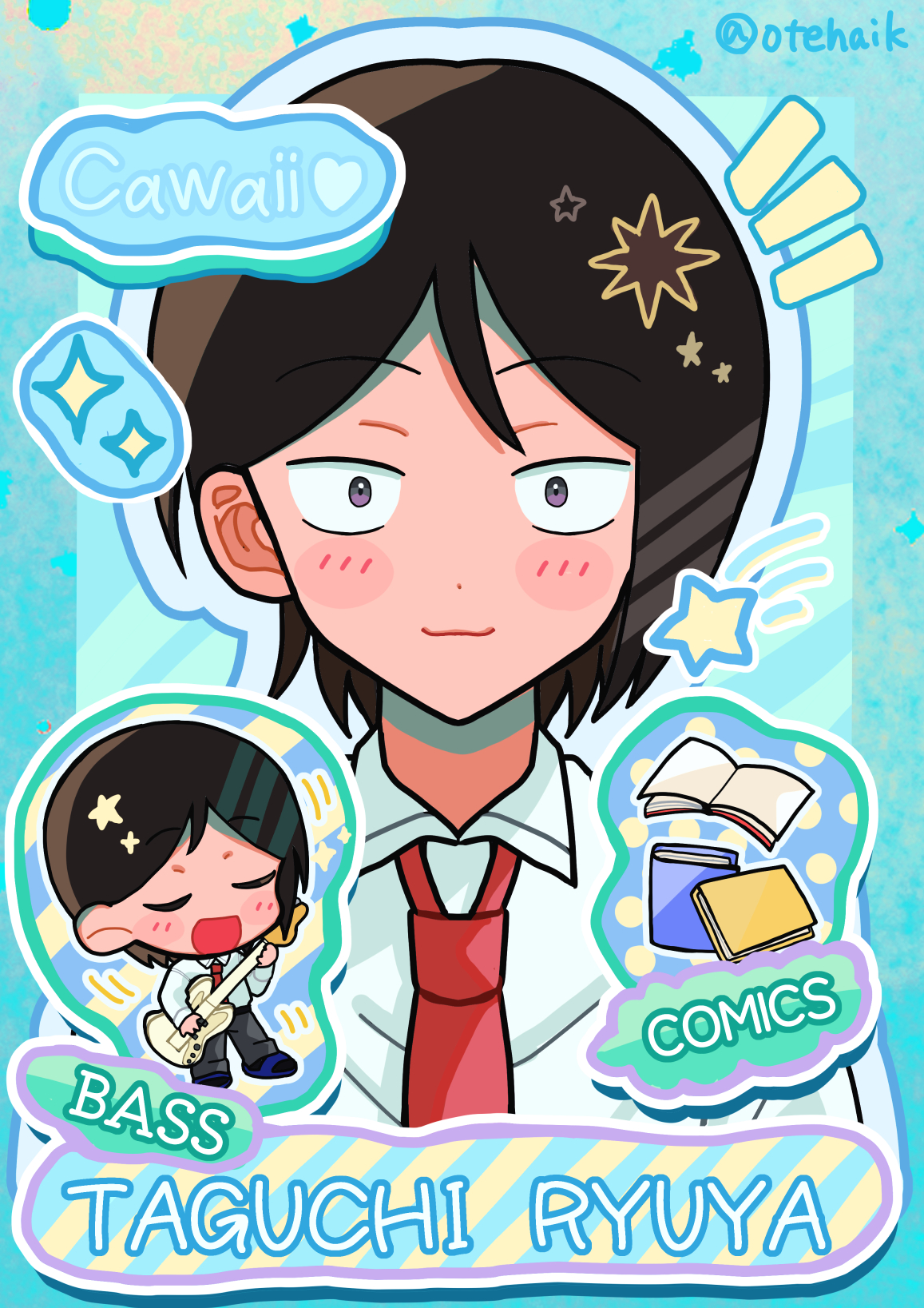 taguchi ryuuya, futsuu no keion-bu, commentary request, highres, 1boy, :3, bass guitar, black hair, blue theme, blush, book, character name, chibi, closed eyes, collared shirt, dress shirt, full body, heart, holding, holding bass guitar, holding instrument, instrument, looking at viewer, male focus, motion lines, multiple views, necktie, no strings, otehaik, pants, portrait, purple eyes, red necktie, romaji text, shirt, short hair, sparkle, star (symbol), u u, white shirt