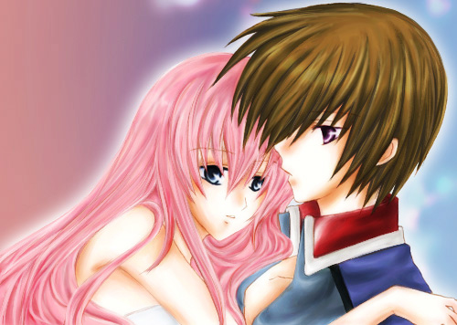 kira yamato, lacus clyne, gundam, gundam seed, bad id, bad pixiv id, lowres, 00s, 1boy, 1girl, blue eyes, couple, hetero, long hair, pink hair, purple eyes