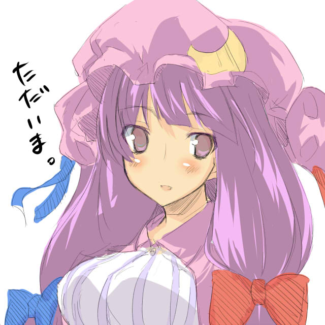 teru teru, patchouli knowledge, touhou, 1girl, blush, breasts, female focus, hat, large breasts, looking at viewer, mob cap, purple hair, simple background, sketch, solo, upper body, white background