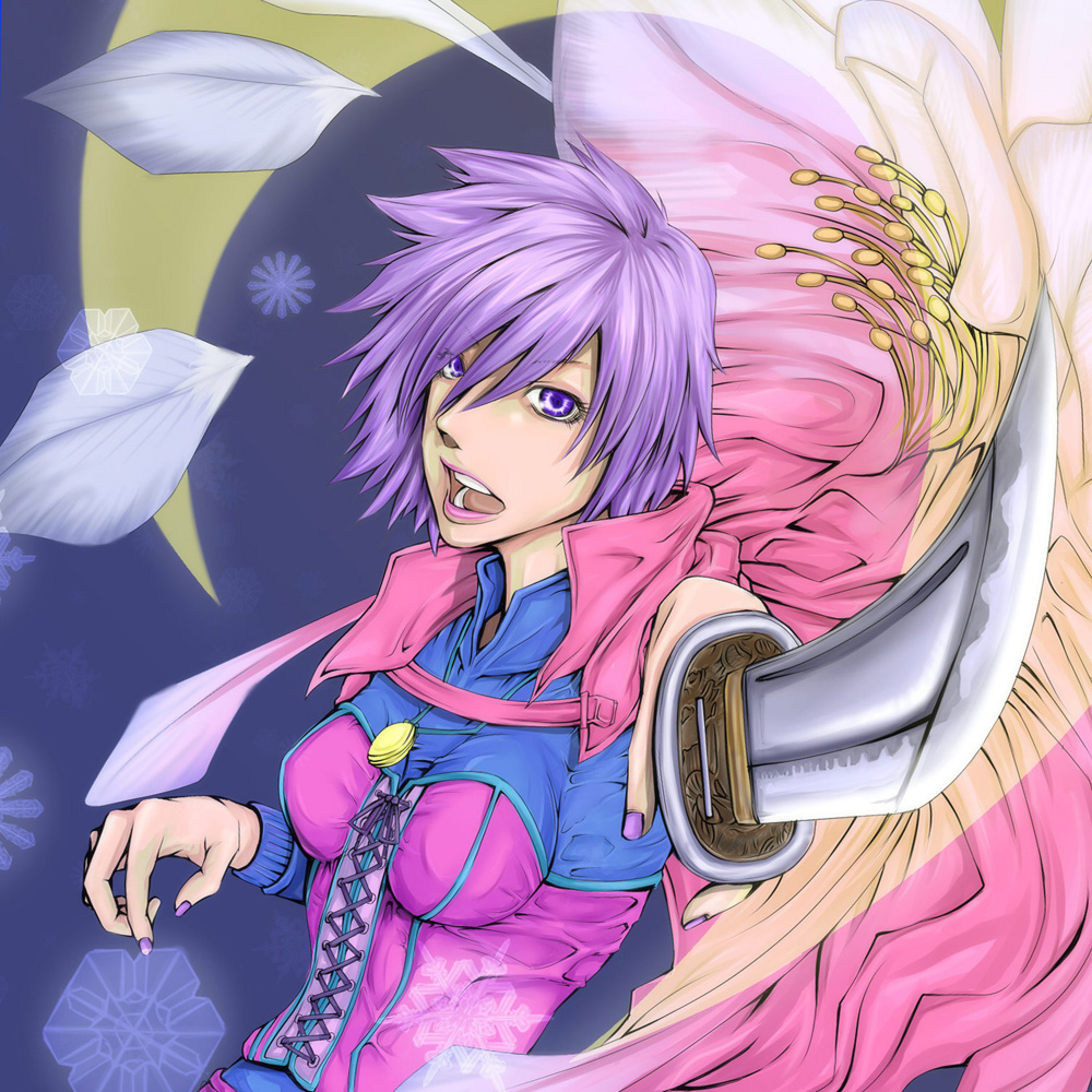 dodo65535, katrina (romancing saga), romancing saga 3, saga, bad id, bad pixiv id, cape, katana, purple eyes, purple hair, short hair, sword, weapon
