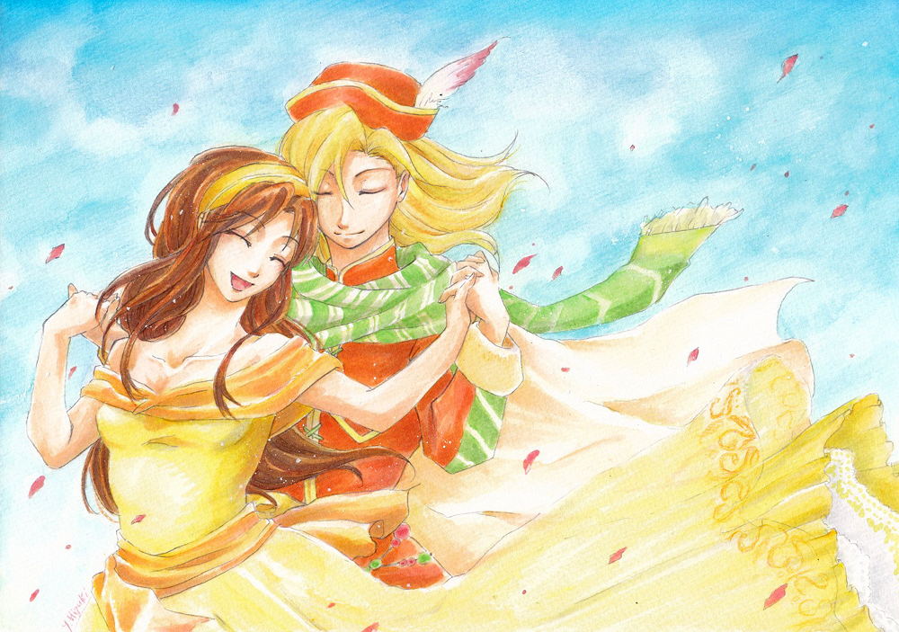 hiyukiyui, anna (ff4), edward chris von muir, final fantasy, final fantasy iv, 1990s (style), 1boy, 1girl, blonde hair, brown hair, closed eyes, couple, dress, hat, hetero, holding hands, long hair, open mouth, scarf, smile, wind