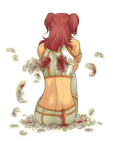 mossu, nena trinity, gundam, gundam 00, bad id, bad pixiv id, lowres, 00s, back, blood, red hair, solo, thighhighs, torn wings, two side up, wings