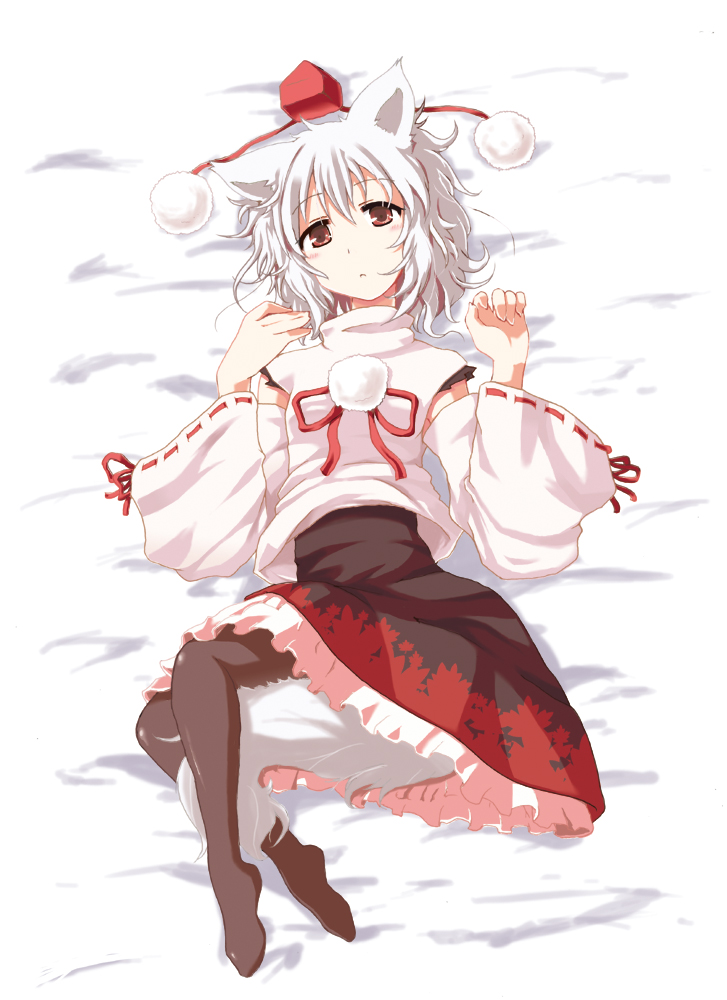 nejime, inubashiri momiji, touhou, bad id, bad pixiv id, 1girl, animal ears, detached sleeves, female focus, full body, hat, lying, on back, pantyhose, red eyes, solo, tail, tokin hat, white background, white hair, wolf ears, wolf tail