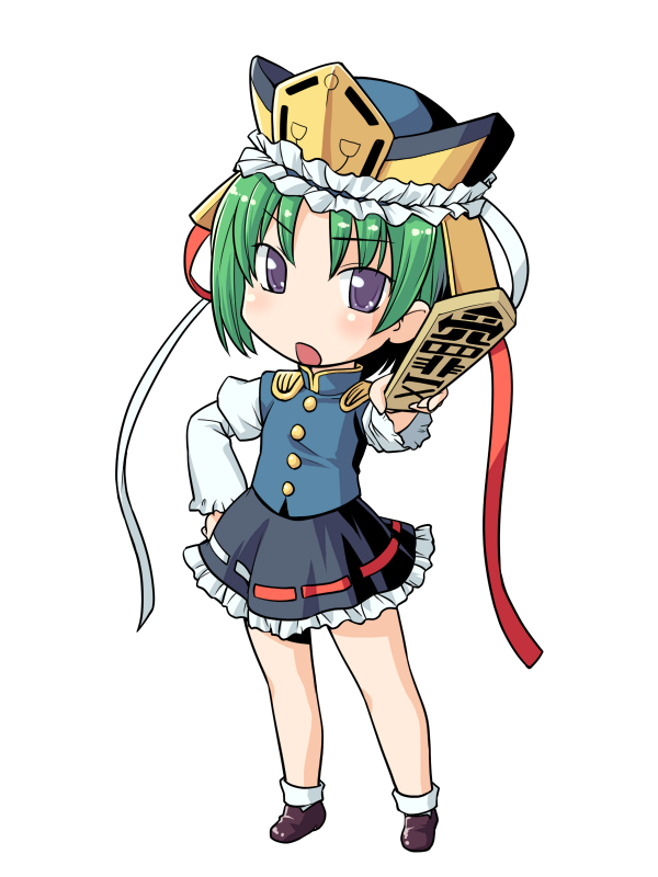 hinemosu notari, shiki eiki, touhou, bad id, bad pixiv id, 1girl, chibi, female focus, full body, green hair, hat, purple eyes, ribbon, rod of remorse, simple background, solo, standing, white background