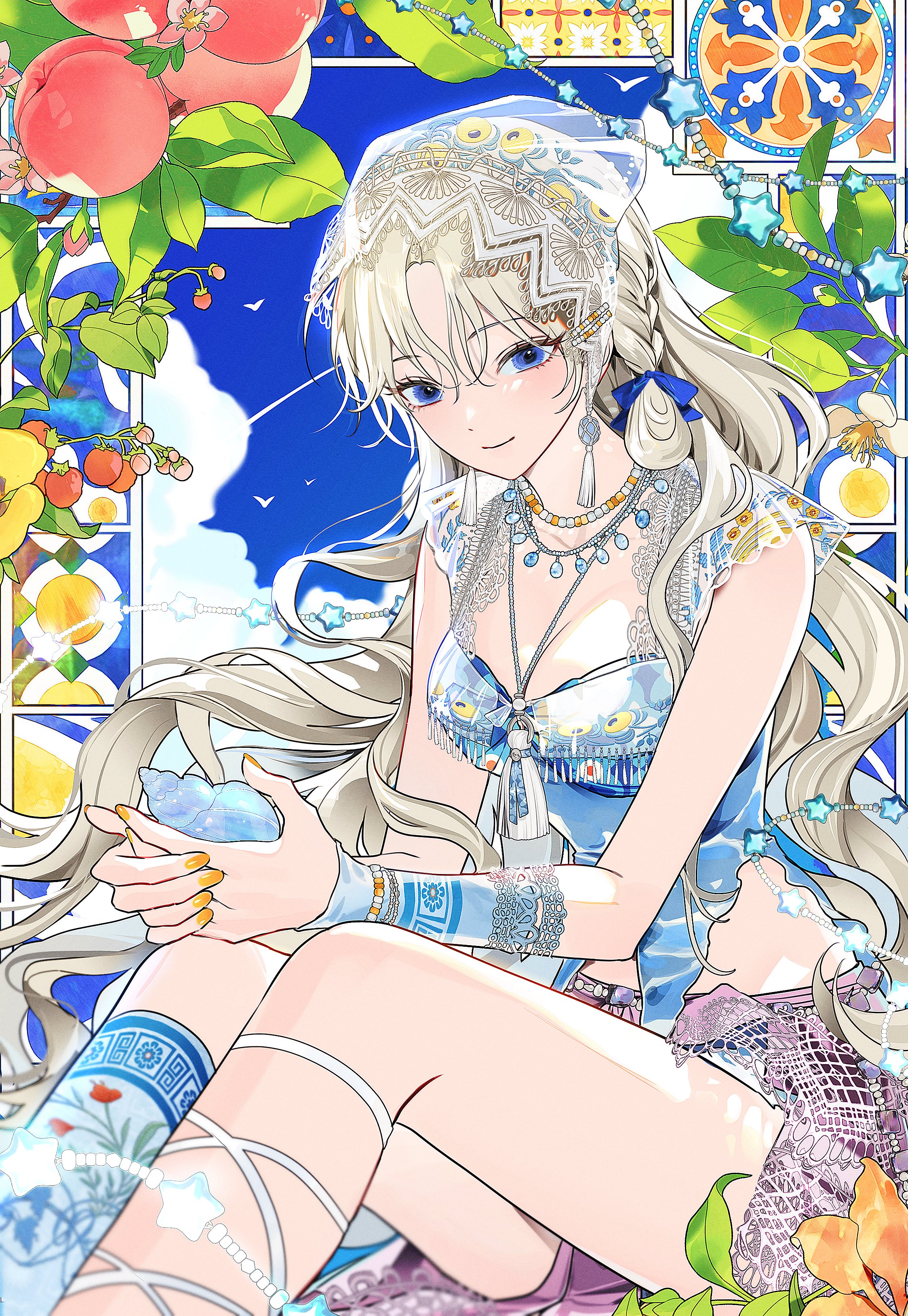 whymylifeis, original, absurdres, commentary request, highres, korean commentary, 1girl, arm warmers, blonde hair, blue arm warmers, blue eyes, blue ribbon, blue shirt, blue socks, blurry, bracelet, braid, breasts, cleavage, closed mouth, cloud, conch, depth of field, earrings, feet out of frame, flower, food, fringe trim, fruit, hair between eyes, hair ribbon, holding, holding shell, jewelry, knees up, leaf, long hair, looking at viewer, midriff, multiple necklaces, nail polish, necklace, pink flower, purple skirt, ribbon, seashell, shell, shirt, side braid, simple bird, single arm warmer, single sock, sitting, skirt, sleeveless, sleeveless shirt, smile, socks, solo, tassel, tassel earrings, tassel necklace, veil, wavy hair, white veil, yellow nails