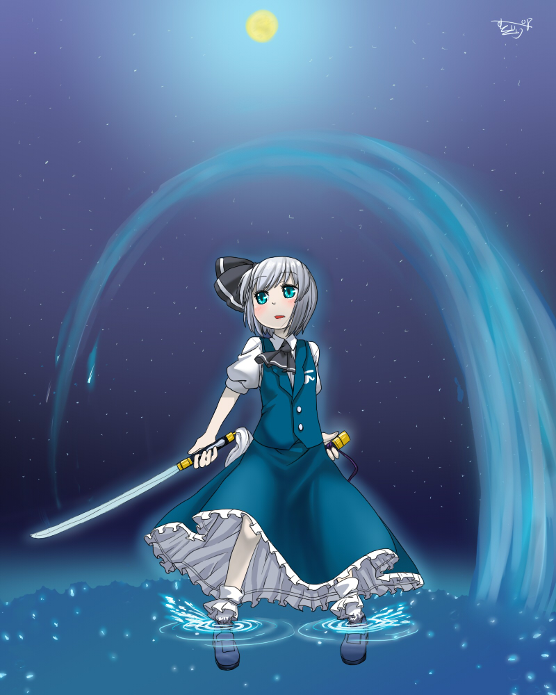 muku (muku-coffee), konpaku youmu, touhou, silver hair, 1girl, aqua eyes, bobby socks, female focus, full moon, hairband, katana, loafers, moon, night, night sky, ripples, shoes, short hair, signature, skirt, sky, socks, solo, splashing, sword, wading, water, weapon