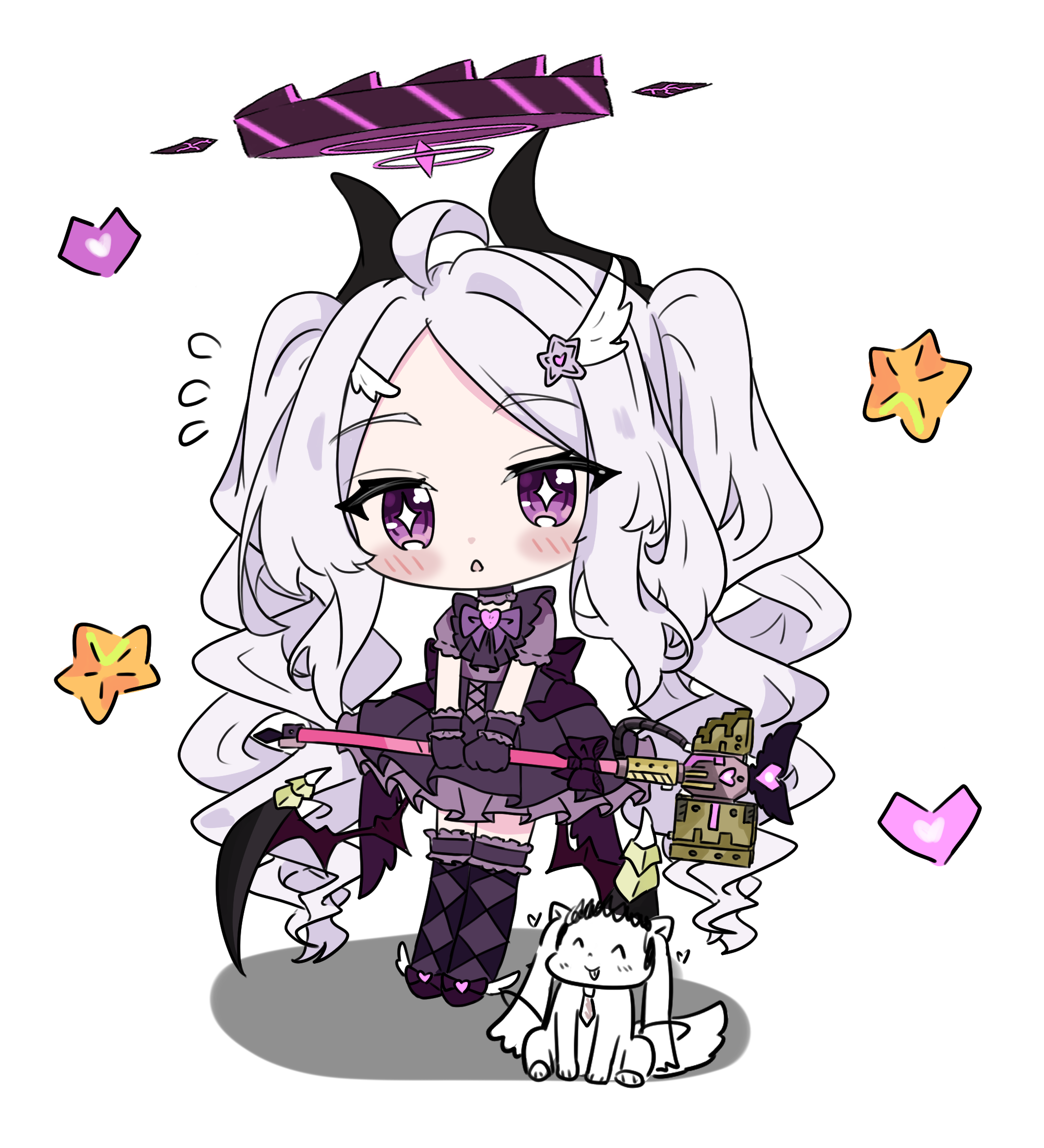 e v e neko, doodle sensei (blue archive), hina (blue archive), sensei (blue archive), blue archive, commentary, highres, 1girl, demon horns, dress, gloves, halo, horns, long hair, purple eyes, wings