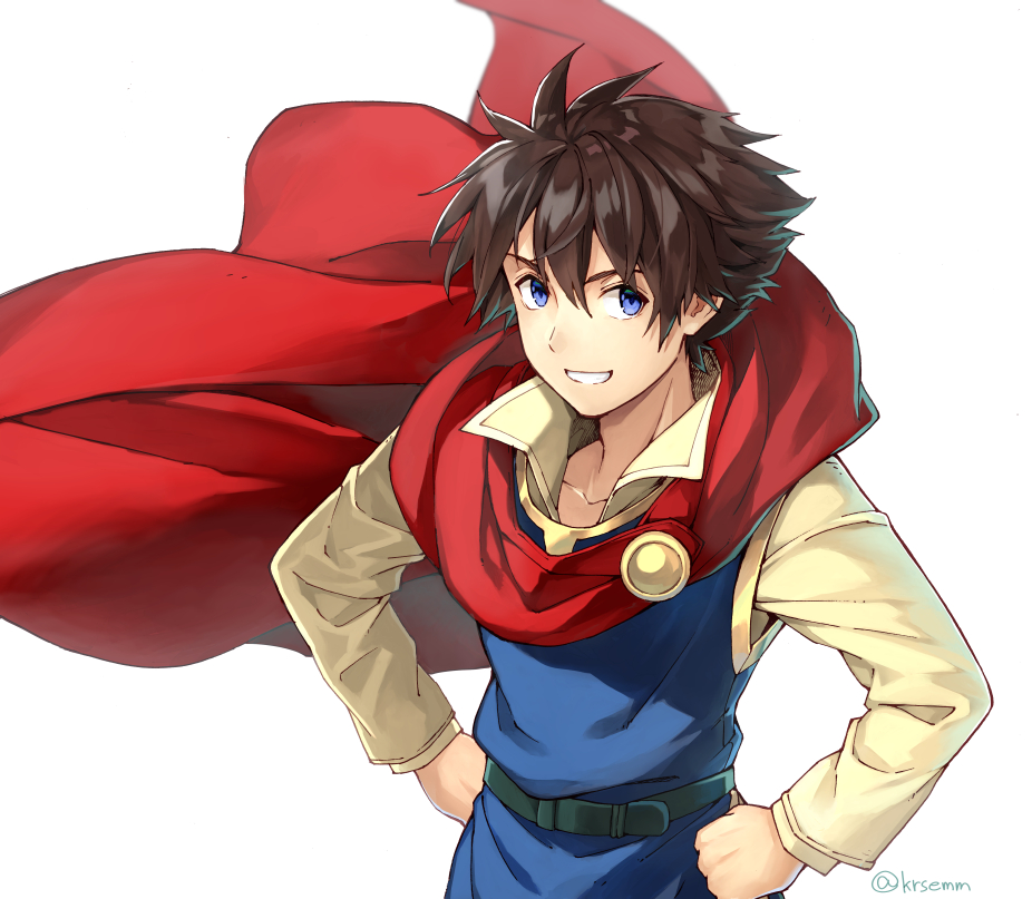 kurosuema, bartz klauser, final fantasy, final fantasy v, 1boy, blue eyes, blue tunic, brooch, brown hair, cloak, collared shirt, hair between eyes, hands on own hips, jewelry, looking at viewer, male focus, parted lips, red cloak, shirt, short hair, smile, solo, teeth, tunic, twitter username, white background, white shirt