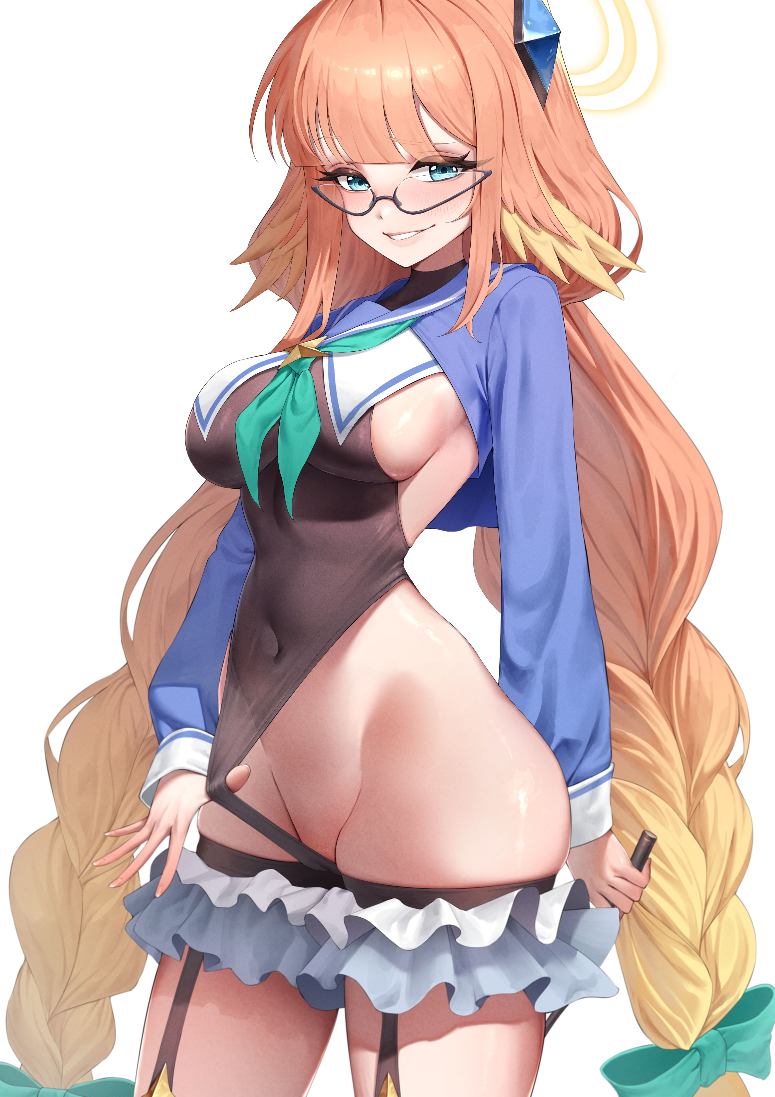 mikelee0614, shimiko (blue archive), shimiko (magical) (blue archive), blue archive, absurdres, commentary request, highres, revision, 1girl, aqua bow, aqua neckerchief, black-framed eyewear, black leotard, blue eyes, bow, braid, breasts, covered navel, cowboy shot, feather hair, glasses, gradient hair, hair bow, halo, holding, holding riding crop, large breasts, leotard, leotard pull, long hair, long sleeves, looking at viewer, low twin braids, multicolored hair, neckerchief, official alternate costume, official alternate hairstyle, orange hair, pulling own clothes, riding crop, semi-rimless eyewear, sideboob, simple background, smile, solo, thighs, twin braids, white background, yellow halo
