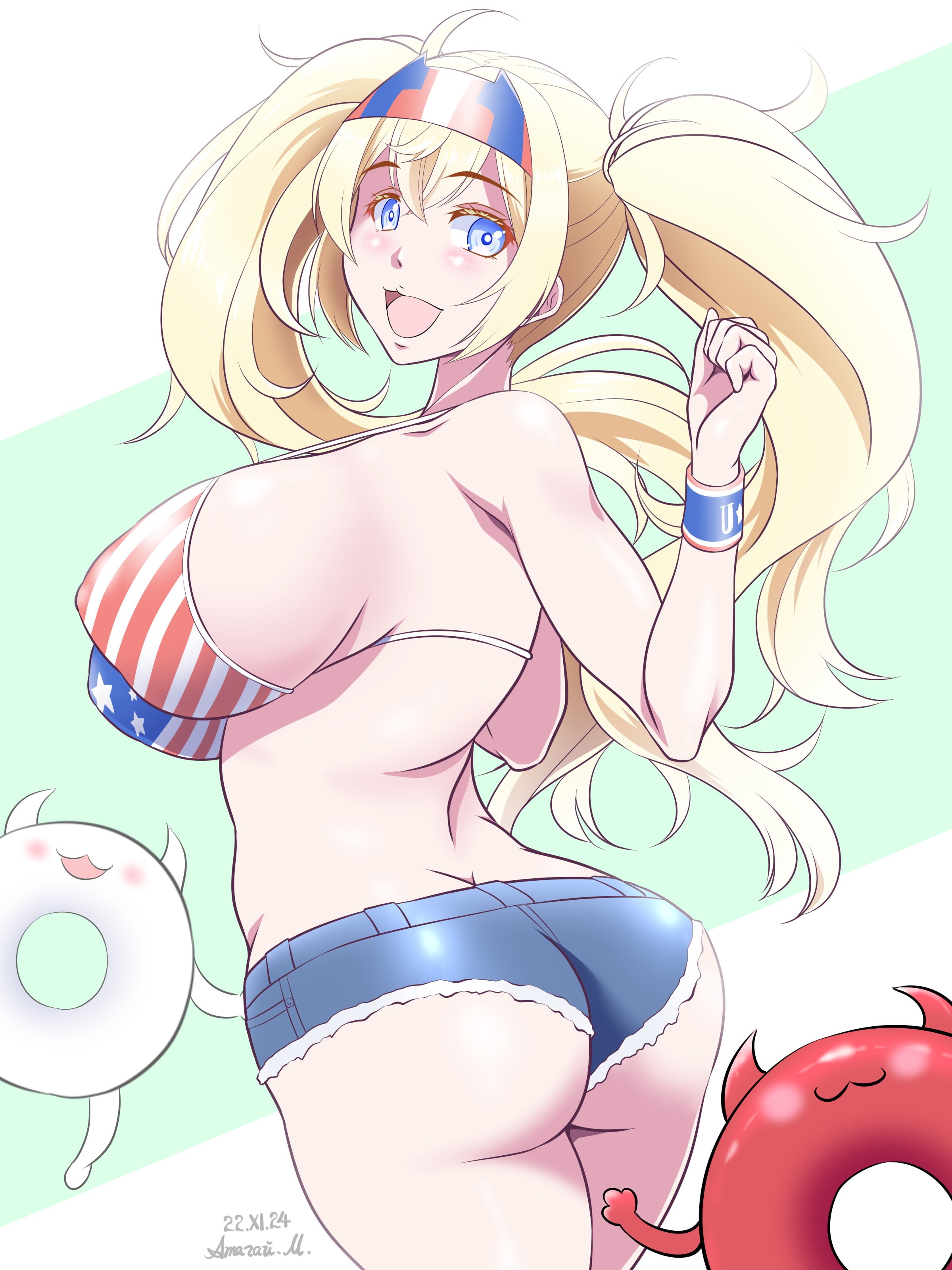 atagawa, enemy lifebuoy (kancolle), gambier bay (kancolle), kantai collection, absurdres, highres, 1girl, abyssal ship, american flag, american flag bikini, american flag print, ass, bikini, blonde hair, blue eyes, blue hairband, cowboy shot, cutoffs, denim, denim shorts, flag print, flag print bikini, hairband, long hair, looking at viewer, looking back, print bikini, short shorts, shorts, smile, swimsuit, twintails, wristband