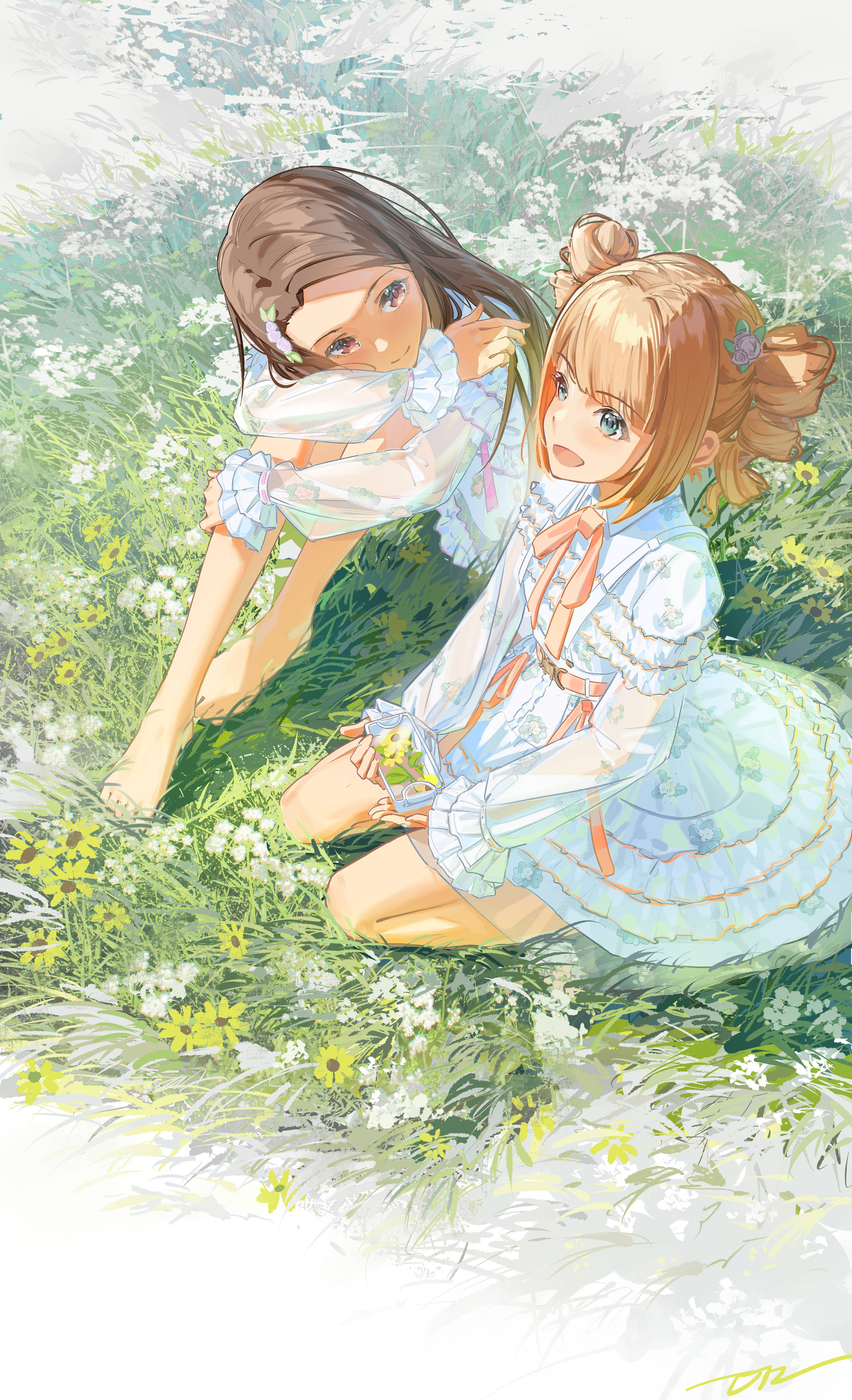 da tengzi, minase iori, takatsuki yayoi, idolmaster, idolmaster (classic), absurdres, highres, 2girls, barefoot, blue eyes, brown hair, dress, drill hair, flower, grass, knees to chest, long hair, looking at another, multiple girls, nature, open mouth, orange hair, outdoors, pink eyes, sitting, smile, sunlight, twin drills, white dress