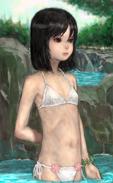 ponsuke (pon00000), bad id, bad pixiv id, 1girl, arm behind back, bikini, black eyes, black hair, child, day, eyebrows hidden by hair, female focus, flat chest, nature, outdoors, realistic, side-tie bikini bottom, solo, submerged, swimsuit, wading, white bikini