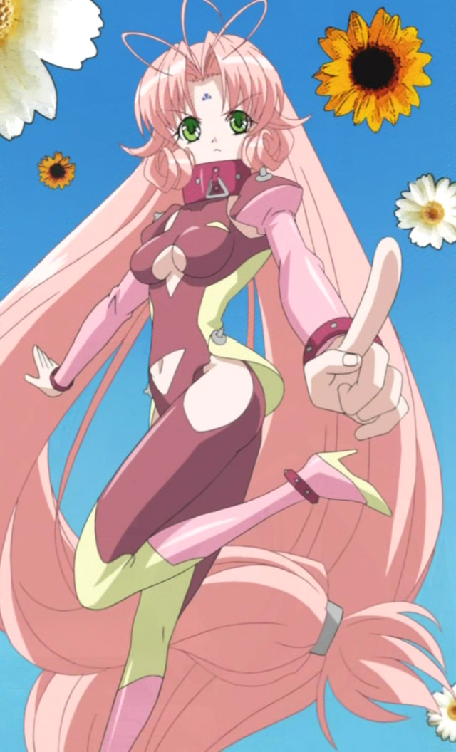 miu, miu (dears), dears, anime screenshot, stitched, third-party edit, 00s, 1girl, antenna hair, bodysuit, breasts, clothing cutout, facial mark, female focus, forehead mark, green eyes, high heels, long hair, medium breasts, navel cutout, pink hair, solo, very long hair