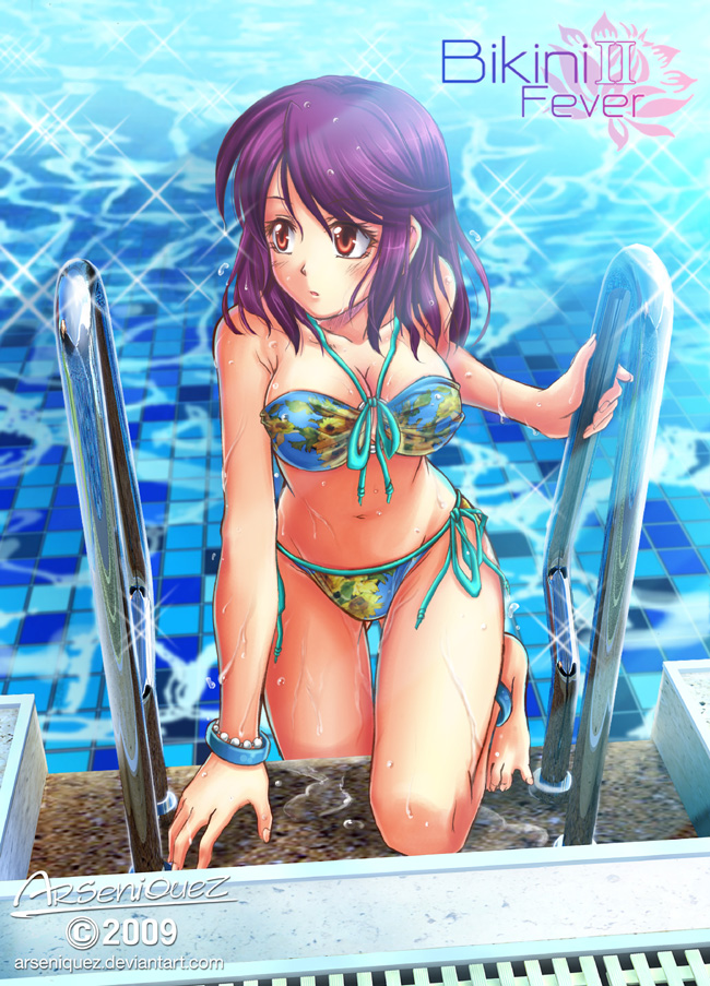 songwut ouppakarndee, original, 1girl, artist name, bandeau, barefoot, bikini, bracelet, breasts, cleavage, female focus, front-tie top, jewelry, large breasts, looking to the side, navel, o-ring, o-ring top, orange eyes, parted lips, pool, pool ladder, poolside, purple hair, short hair, side-tie bikini bottom, solo, string bikini, swimsuit, watermark, web address, wet