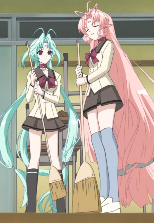 miu, miu (dears), ren (dears), dears, anime screenshot, stitched, third-party edit, 00s, 2girls, green hair, multiple girls, pink hair, tatami, thighhighs