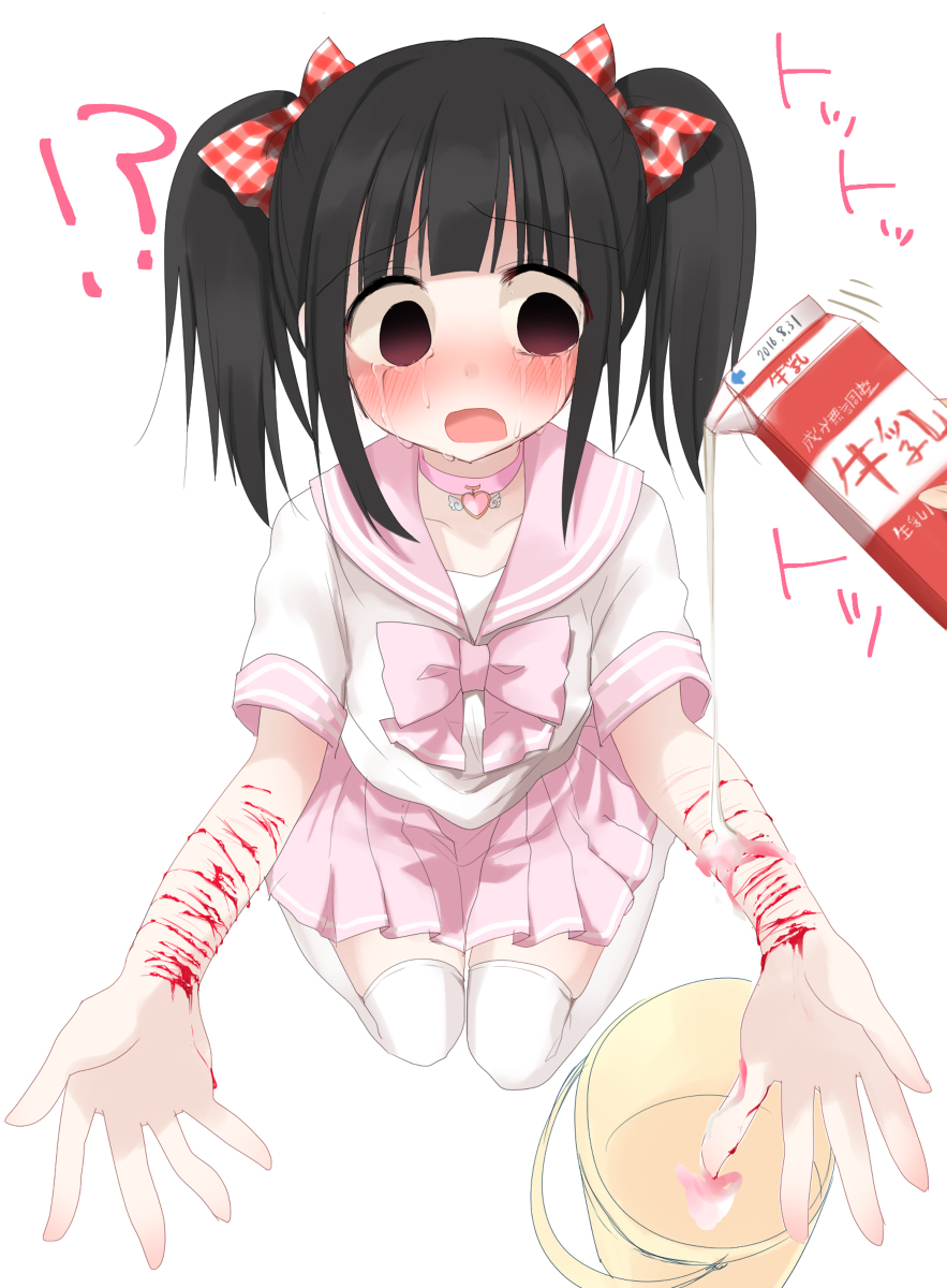 yuyulovedoz, bad id, bad pixiv id, copyright request, highres, non-web source, translation request, 1girl, black hair, blood, bow, bucket, crying, hair bow, milk carton, school uniform, self-harm, solo, spill, surprised, twintails, white background, wrist cutting