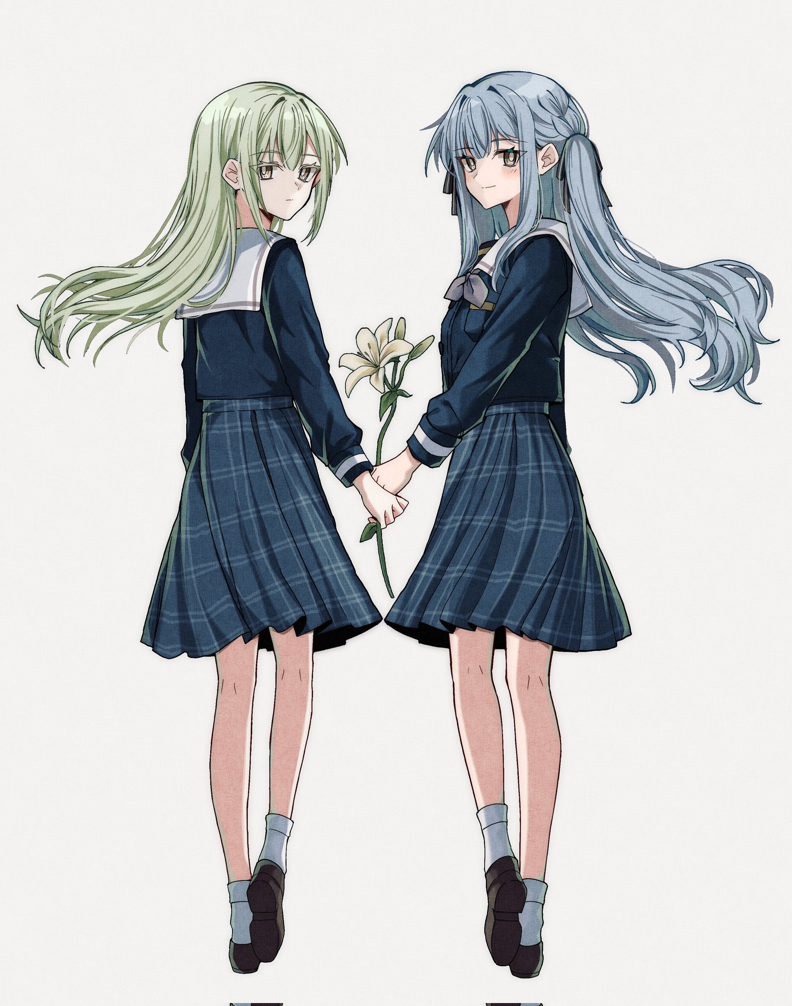 pokarii zuu, togawa sakiko, wakaba mutsumi, bang dream!, bang dream! it's mygo!!!!!, commentary, corrupted twitter file, english commentary, highres, 2girls, black ribbon, blue hair, blue shirt, blue skirt, brown shoes, flower, green hair, grey background, hair ribbon, holding, holding flower, lily (flower), multiple girls, plaid clothes, plaid skirt, pleated skirt, ribbon, sailor collar, school uniform, shirt, shoes, simple background, skirt, socks, tsukinomori school uniform, two side up, white flower, white sailor collar, white socks, yellow eyes