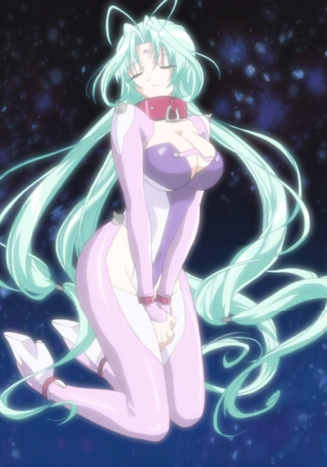 ren (dears), dears, anime screenshot, stitched, third-party edit, 00s, 1girl, antenna hair, aqua hair, breasts, cleavage, closed eyes, collar, facial mark, female focus, floating, forehead mark, green hair, high heels, large breasts, long hair, shoes, solo, very long hair