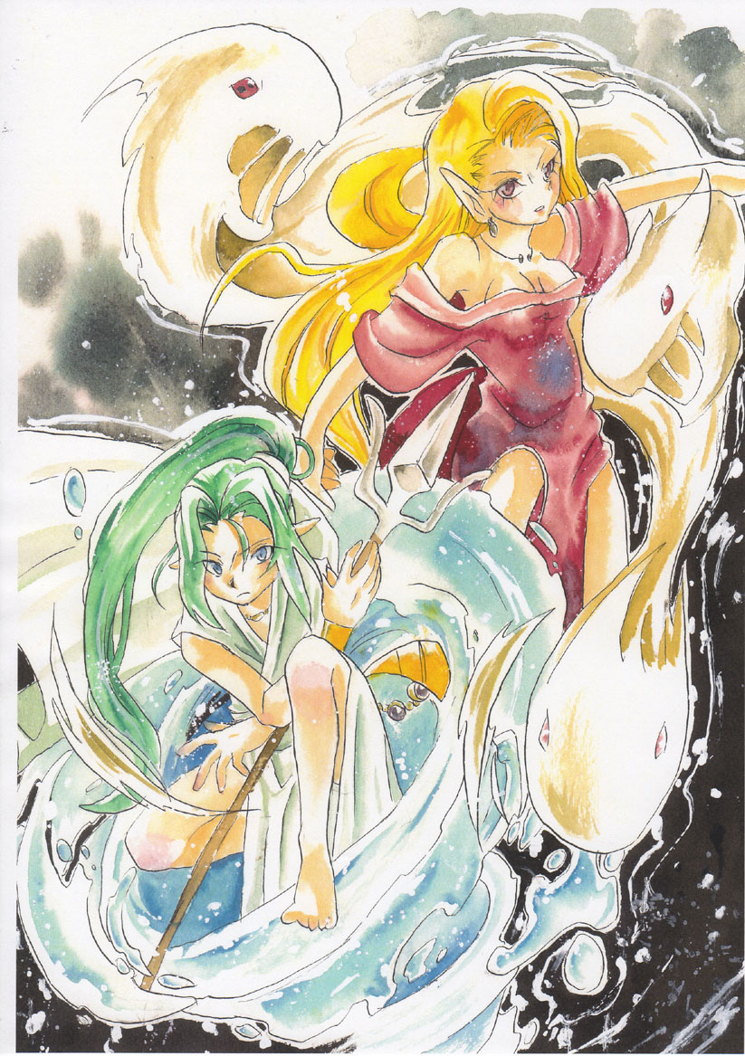 ishii, byunei, forneus, romancing saga 3, saga, bad id, bad pixiv id, 1boy, 1girl, barefoot, blonde hair, demon, demon girl, dress, long hair, pointy ears, polearm, red eyes, spear, trident, water, weapon