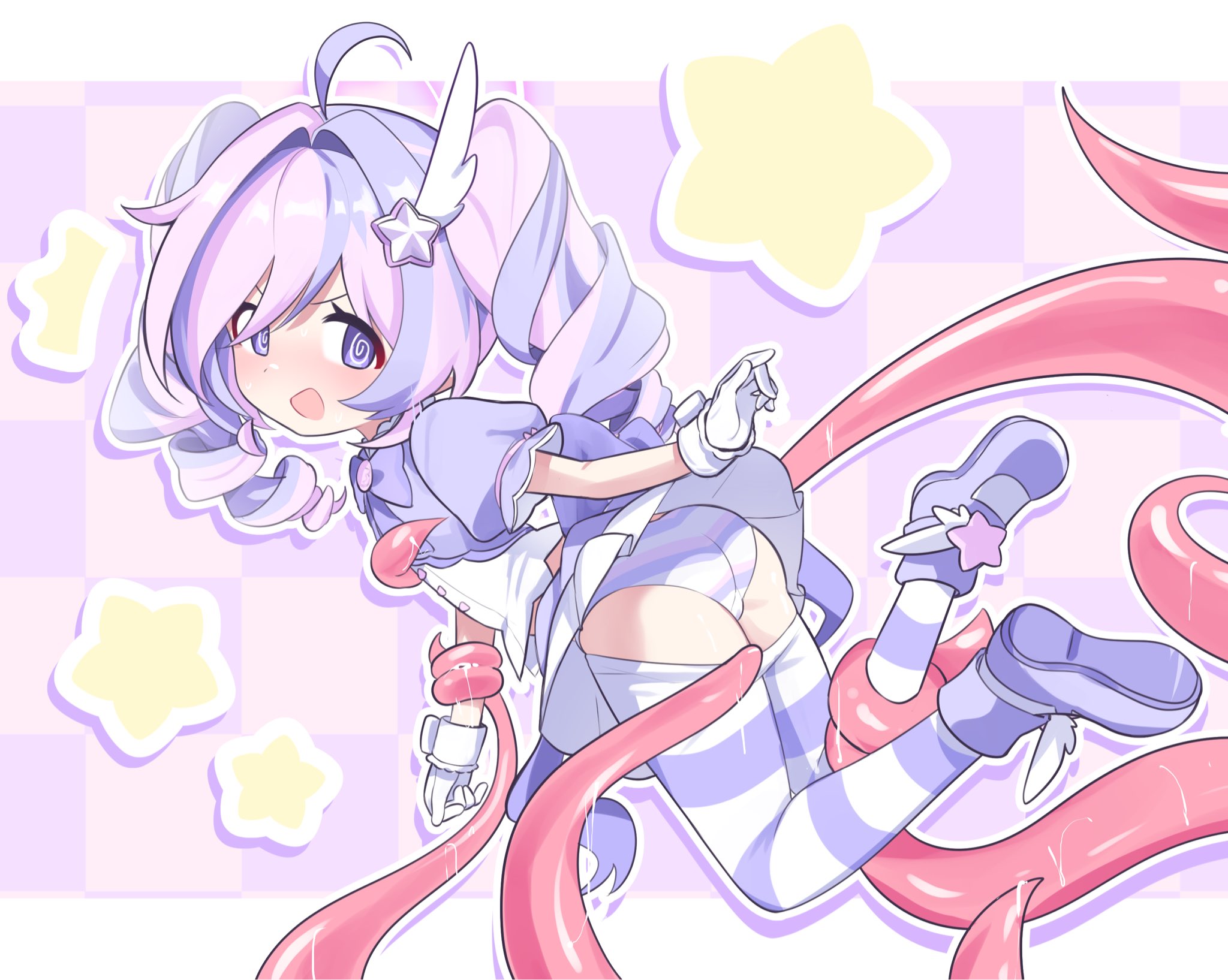 monomogi, reisa (blue archive), reisa (magical) (blue archive), blue archive, highres, 1girl, :d, @ @, ahoge, ass, bow, bowtie, cameltoe, clothes pull, dress, drill hair, facing to the side, full body, gloves, hair ornament, juliet sleeves, long sleeves, looking at viewer, multicolored hair, open mouth, panties, pantyhose, pantyhose pull, pink hair, puffy sleeves, purple bow, purple bowtie, purple eyes, shoes, smile, solo, star (symbol), star hair ornament, tentacles, thighs, twintails, two-tone hair, underwear, wing hair ornament