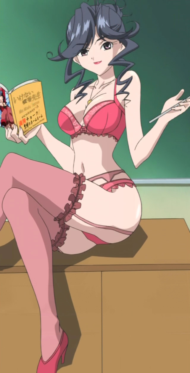 yoshimine mitsuka, dears, anime screenshot, highres, stitched, third-party edit, 00s, 1girl, between breasts, black hair, book, bra, breasts, chalkboard, classroom, cleavage, desk, drill hair, female focus, garter belt, garter straps, happy, high heels, indoors, jewelry, lingerie, looking at viewer, navel, necklace, on desk, panties, pointer, red bra, red panties, red thighhighs, school, sitting, smile, solo, teacher, thighhighs, underwear