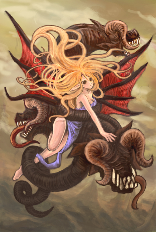 t jam, byunei, romancing saga 3, saga, bad id, bad pixiv id, blonde hair, breasts, cleavage, demon girl, dress, long hair, monster, monster girl, pointy ears, red eyes, tentacles