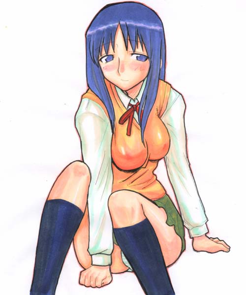 kikuta, kurusugawa ayaka, to heart, to heart (series), blue hair, panties, school uniform, socks, solo, sweater vest, underwear, vest