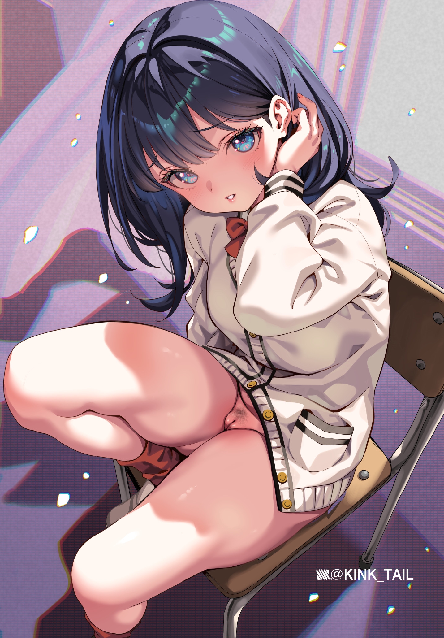 kink (tortoiseshell), takarada rikka, gridman universe, ssss.gridman, highres, 1girl, artist name, black hair, blue eyes, blush, bottomless, bow, bowtie, cardigan, chair, closed mouth, looking at viewer, medium hair, on chair, orange scrunchie, parted lips, pussy, red bow, red bowtie, red socks, school chair, school uniform, scrunchie, socks, solo, thighs, white cardigan, wrist scrunchie
