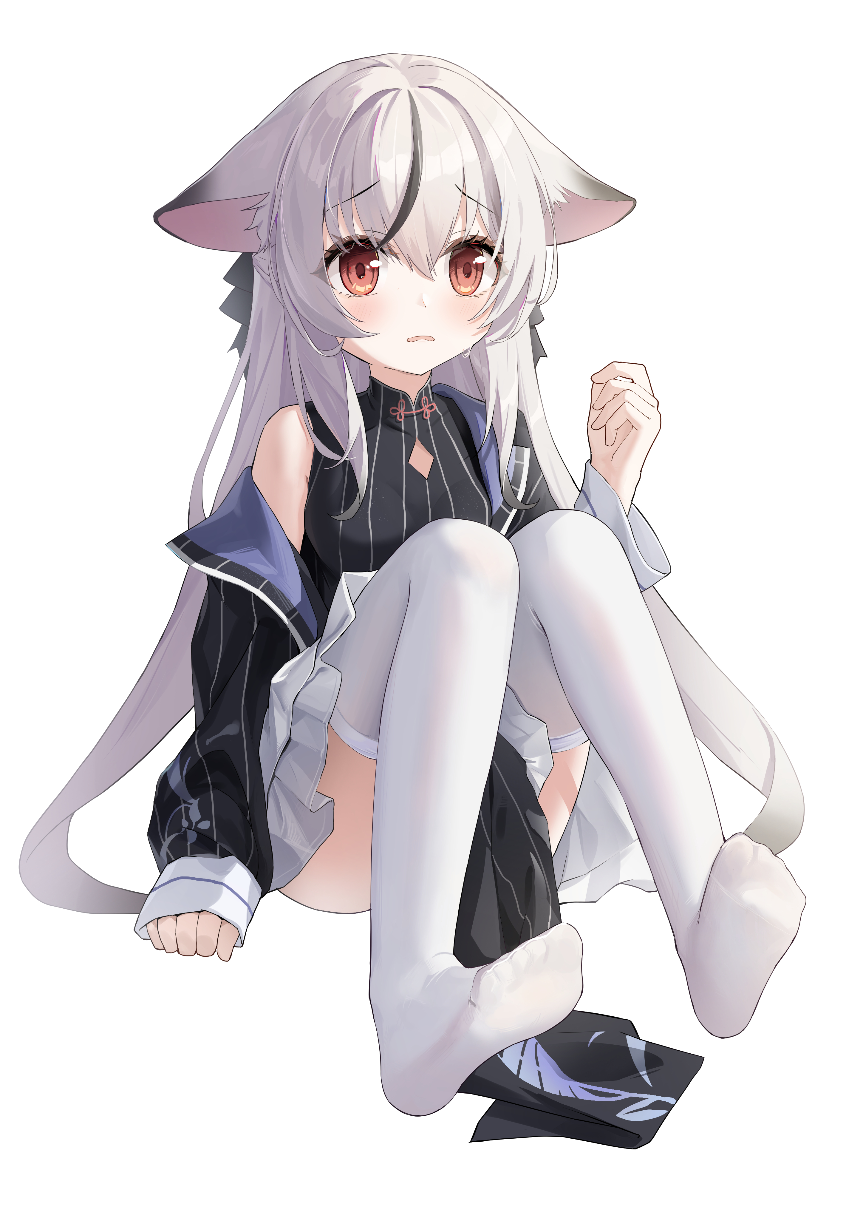 fengxue, kokona (blue archive), blue archive, absurdres, chinese commentary, commentary, highres, 1girl, above-cleavage cutout, animal ear fluff, animal ears, arm at side, black dress, black hair, black jacket, black ribbon, blush, breasts, brown eyes, china dress, chinese clothes, clenched hand, clothing cutout, diamond cutout, dress, eyelashes, eyes visible through hair, feet, frown, full body, furrowed brow, grey hair, hair between eyes, hair ribbon, half updo, hand up, jacket, knees together feet apart, knees up, legs, long hair, looking at viewer, multicolored hair, no shoes, open clothes, open jacket, open mouth, pelvic curtain, ribbon, sidelighting, sidelocks, simple background, single bare shoulder, sitting, sleeveless, sleeveless dress, sleeves past wrists, small breasts, soles, solo, straight hair, streaked hair, striped clothes, striped dress, striped jacket, sweatdrop, tareme, thighhighs, tiger ears, toes, vertical-striped clothes, vertical-striped dress, vertical-striped jacket, very long hair, white background, white thighhighs