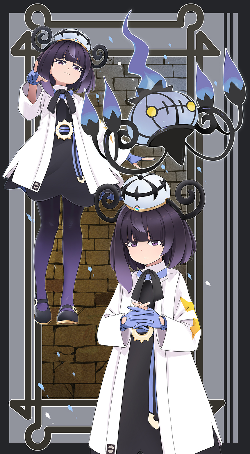 abe kanari, chandelure, gwynn (pokemon), nintendo, pokemon, pokemon legends: z-a, highres, 1girl, belt, belt buckle, black dress, blue belt, blue gloves, buckle, coat, dress, gen 5 pokemon, gloves, hat, interlocked fingers, open clothes, open coat, partially fingerless gloves, purple eyes, purple hair, short hair, white coat
