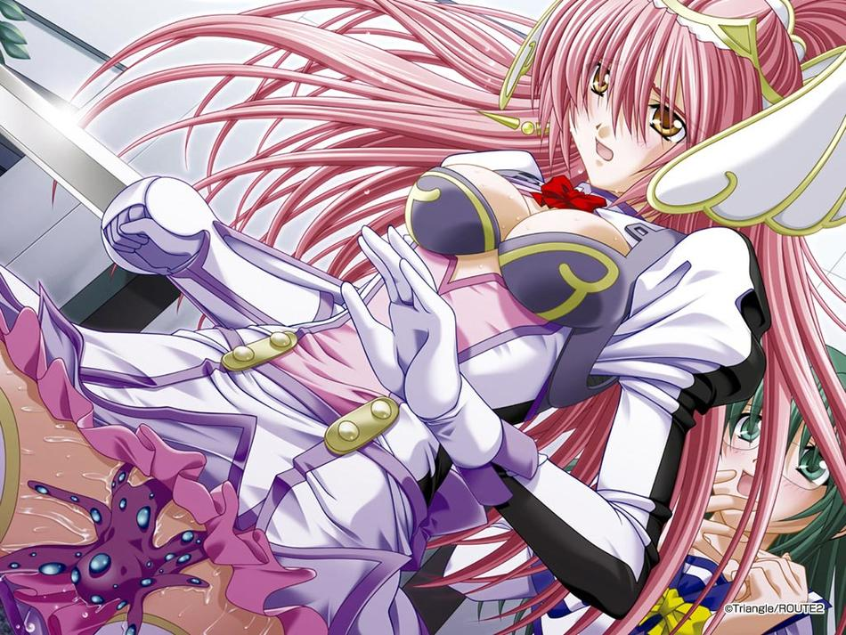 tagme, breasts, cleavage, glasses, green eyes, green hair, long hair, pink hair, sword, weapon, yellow eyes