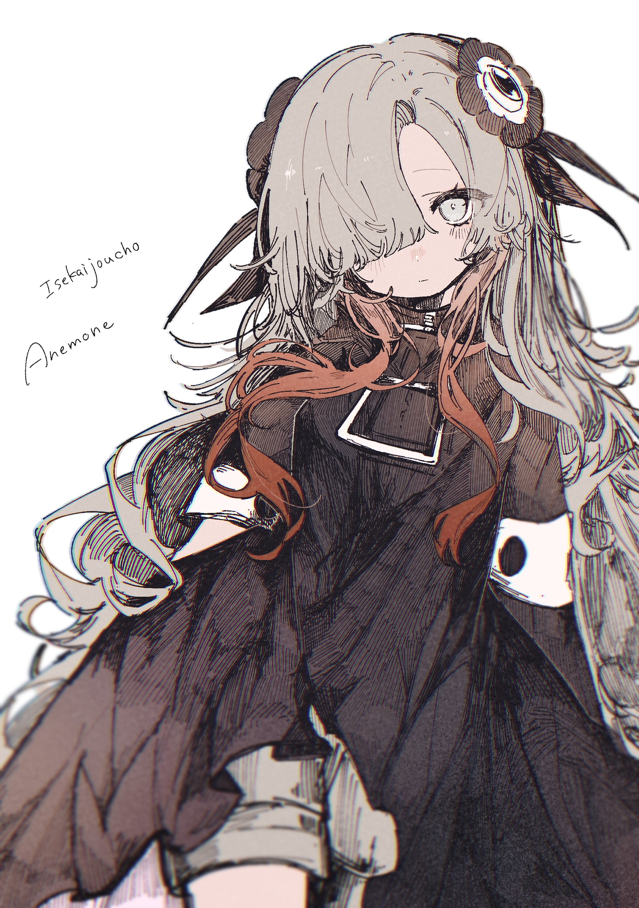 kokonama, isekaijoucho, kamitsubaki studio, absurdres, highres, 1girl, black coat, black flower, coat, expressionless, flower, grey eyes, grey hair, hair flower, hair ornament, hair over one eye, long hair, looking at viewer, red hair, shorts, solo, very long hair