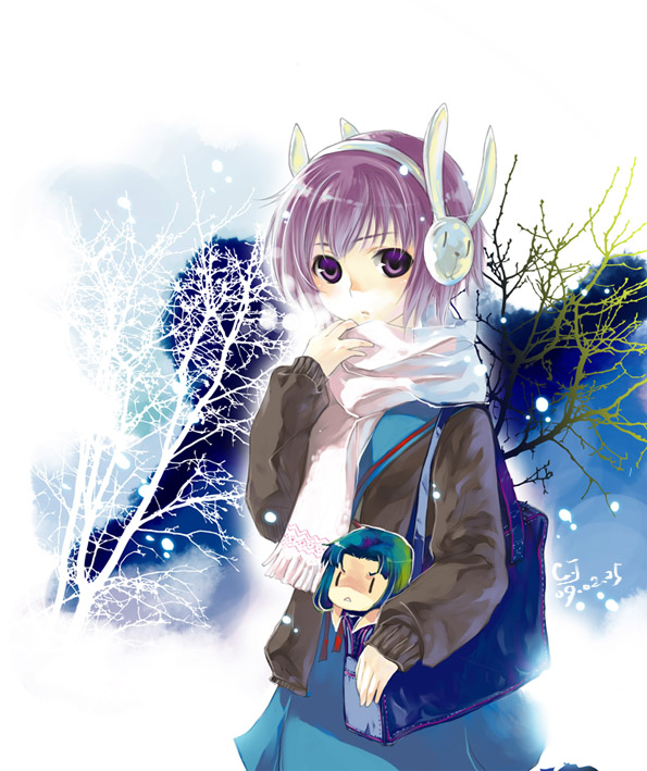 folala, achakura, asakura ryoko, nagato yuki, suzumiya haruhi-chan no yuuutsu, suzumiya haruhi no yuuutsu, 00s, 2girls, bag, blue hair, bunny headphones, earmuffs, headphones, multiple girls, purple eyes, purple hair, scarf, school uniform, serafuku, snow, sweater
