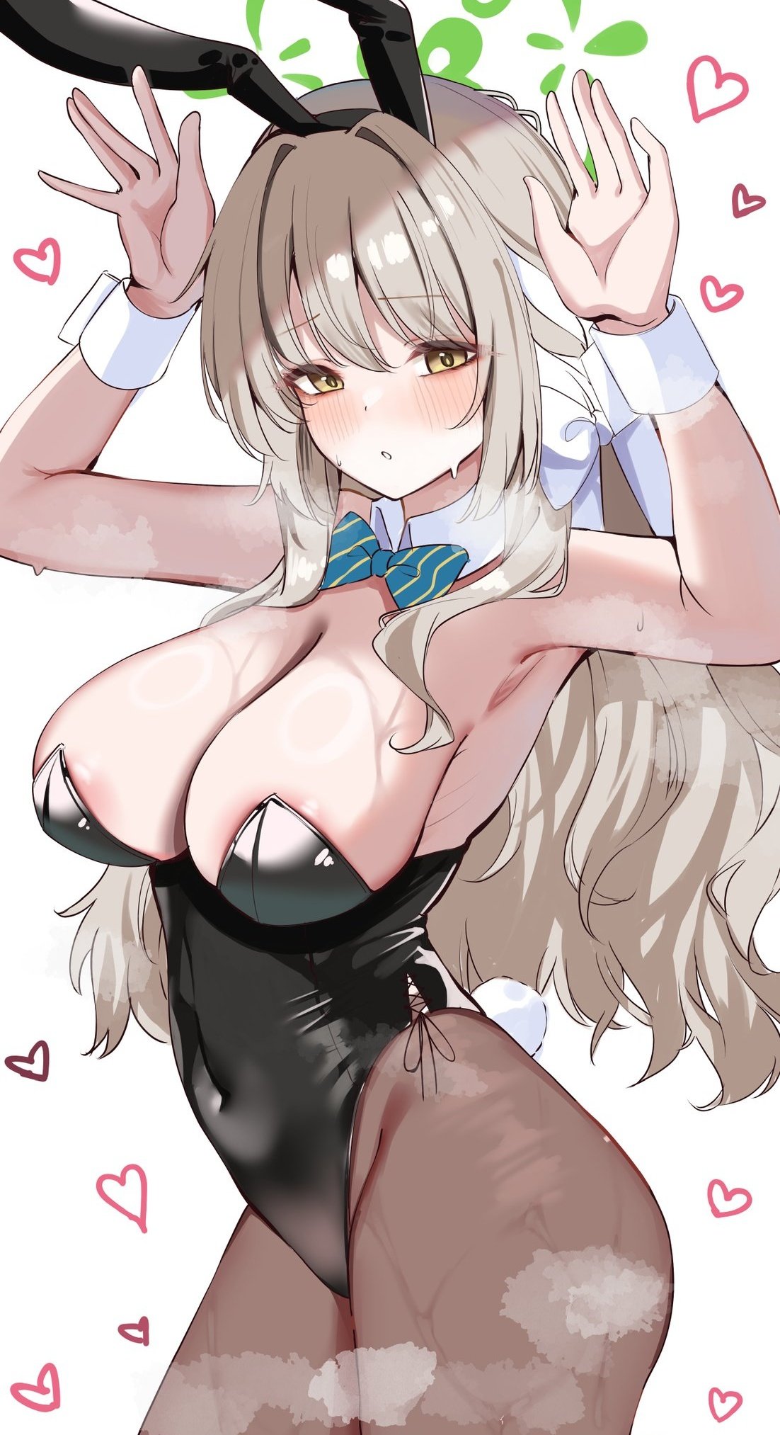 calin, miyo (blue archive), blue archive, commentary request, highres, 1girl, alternate costume, animal ear hairband, animal ears, areola slip, armpits, black hairband, black leotard, black pantyhose, blue bow, blue bowtie, blush, bow, bowtie, breasts, brown hair, cleavage, collar, covered navel, detached collar, diagonal-striped bow, diagonal-striped bowtie, diagonal-striped clothes, fake animal ears, green halo, hairband, halo, heart, highleg, highleg leotard, large breasts, leotard, long hair, looking at viewer, pantyhose, playboy bunny, rabbit ears, rabbit pose, simple background, solo, strapless, strapless leotard, striped bow, striped bowtie, striped clothes, very long hair, white background, white collar, white wrist cuffs, wrist cuffs, yellow eyes