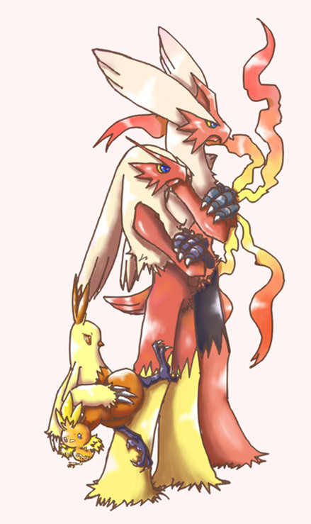 qisaiman, blaziken, combusken, mega blaziken, torchic, nintendo, pokemon, bird, crossed arms, evolutionary line, gen 3 pokemon, mega pokemon, no humans, pokemon (creature), simple background, standing, white background