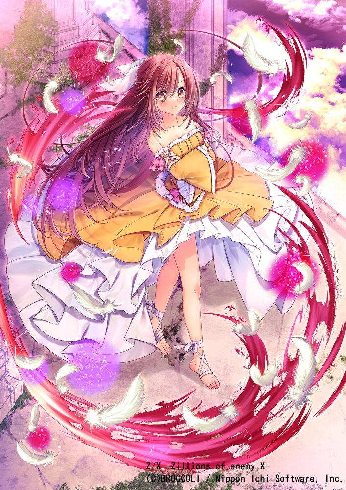 tsurugi hikaru, z/x, official art, aura, bare shoulders, barefoot, bow, brown eyes, brown hair, copyright notice, crossed arms, dress, feathers, from above, hair bow, leg ribbon, long hair, nanaya (z/x), off-shoulder dress, off shoulder, orange dress, ribbon, white bow, white feathers, white ribbon