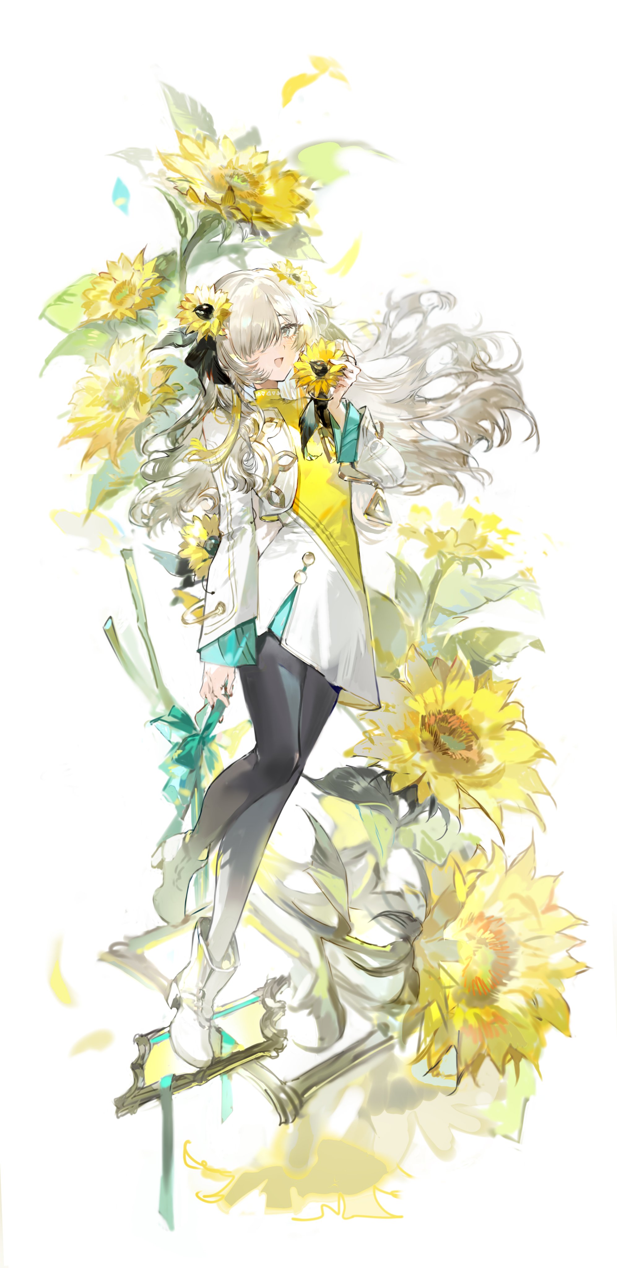 daransha, isekaijoucho, kamitsubaki studio, absurdres, highres, 1girl, black pantyhose, blonde hair, boots, dress, floating hair, flower, full body, grey eyes, grey hair, hair flower, hair ornament, hair over one eye, high heel boots, high heels, holding, holding flower, long hair, looking at viewer, multicolored hair, pantyhose, petals, smile, solo, sunflower, two-tone hair, wind