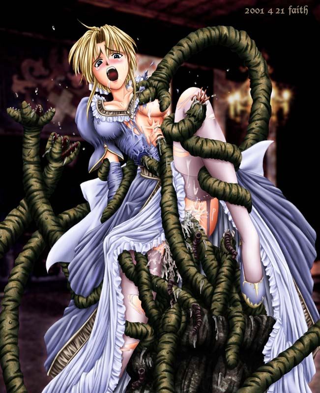 faith (sbi), torn legwear, 1girl, blonde hair, breasts, dress, garter straps, large breasts, leg up, open mouth, rape, saliva, tears, tentacles, thighhighs, torn clothes, torn dress, vaginal