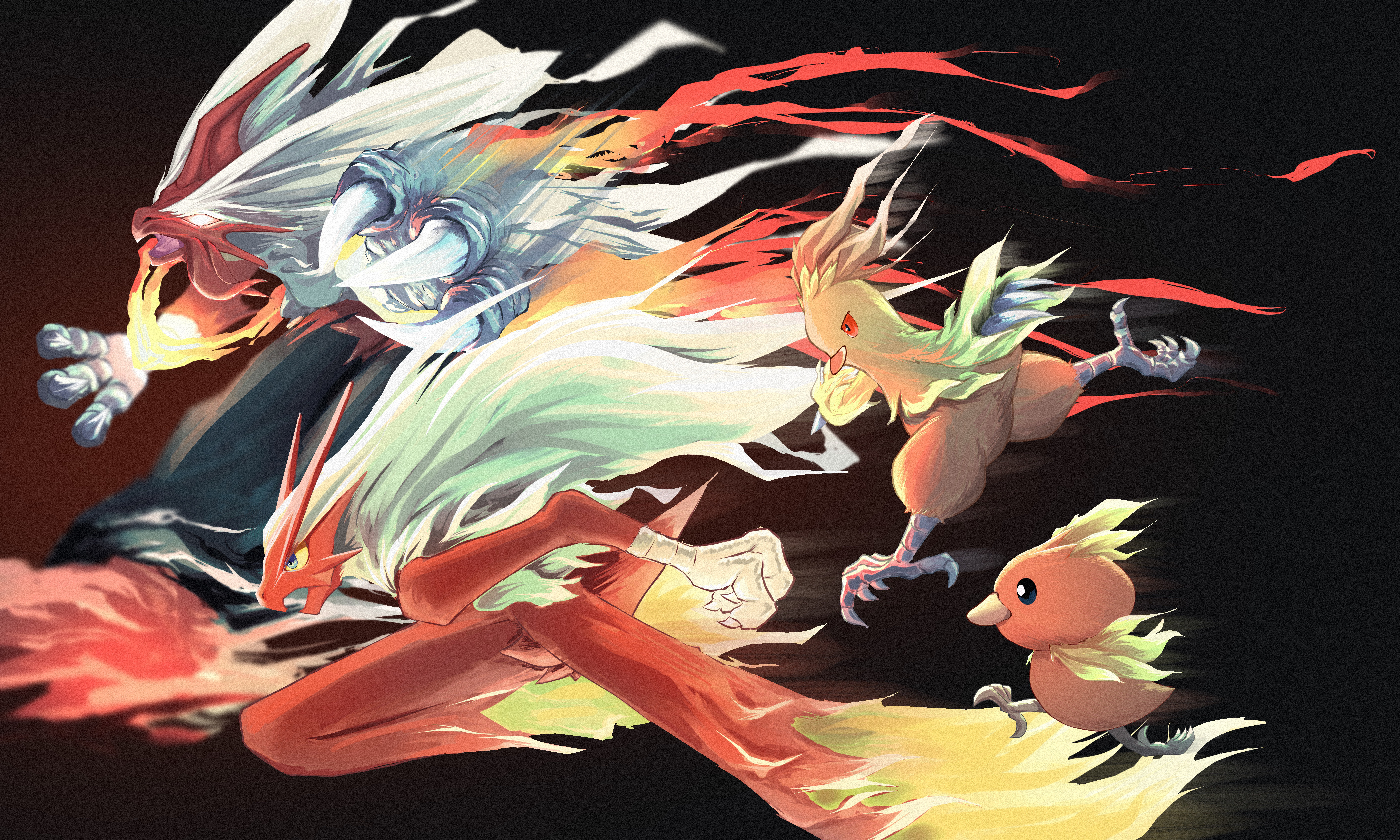yocchan dadou!, blaziken, combusken, mega blaziken, torchic, nintendo, pokemon, absurdres, highres, black background, black eyes, blue eyes, colored sclera, evolutionary line, gen 3 pokemon, glowing, glowing eyes, mega pokemon, no humans, open mouth, pokemon (creature), red eyes, running, yellow sclera
