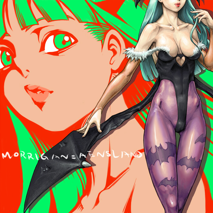 kari (artist), morrigan aensland, capcom, darkstalkers, print legwear, 1girl, animal print, bat print, bat wings, breasts, character name, cleavage, green eyes, green hair, large breasts, pantyhose, wings