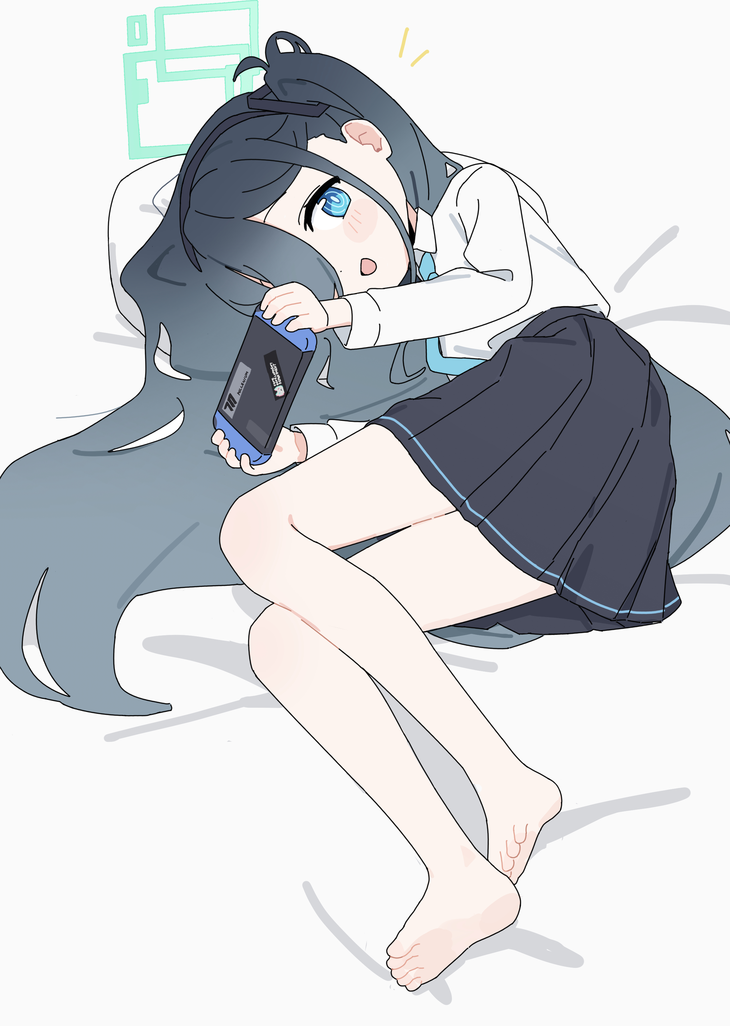 ame miya ta, aris (blue archive), blue archive, absurdres, highres, 1girl, aqua halo, aqua necktie, barefoot, bed sheet, black hairband, black skirt, blue eyes, grey hair, hair over one eye, hairband, halo, handheld game console, holding, holding handheld game console, light blush, long hair, long sleeves, looking at viewer, lying, miniskirt, necktie, nintendo switch, notice lines, on bed, on side, open mouth, school uniform, shirt, skirt, smile, soles, solo, toes, white shirt