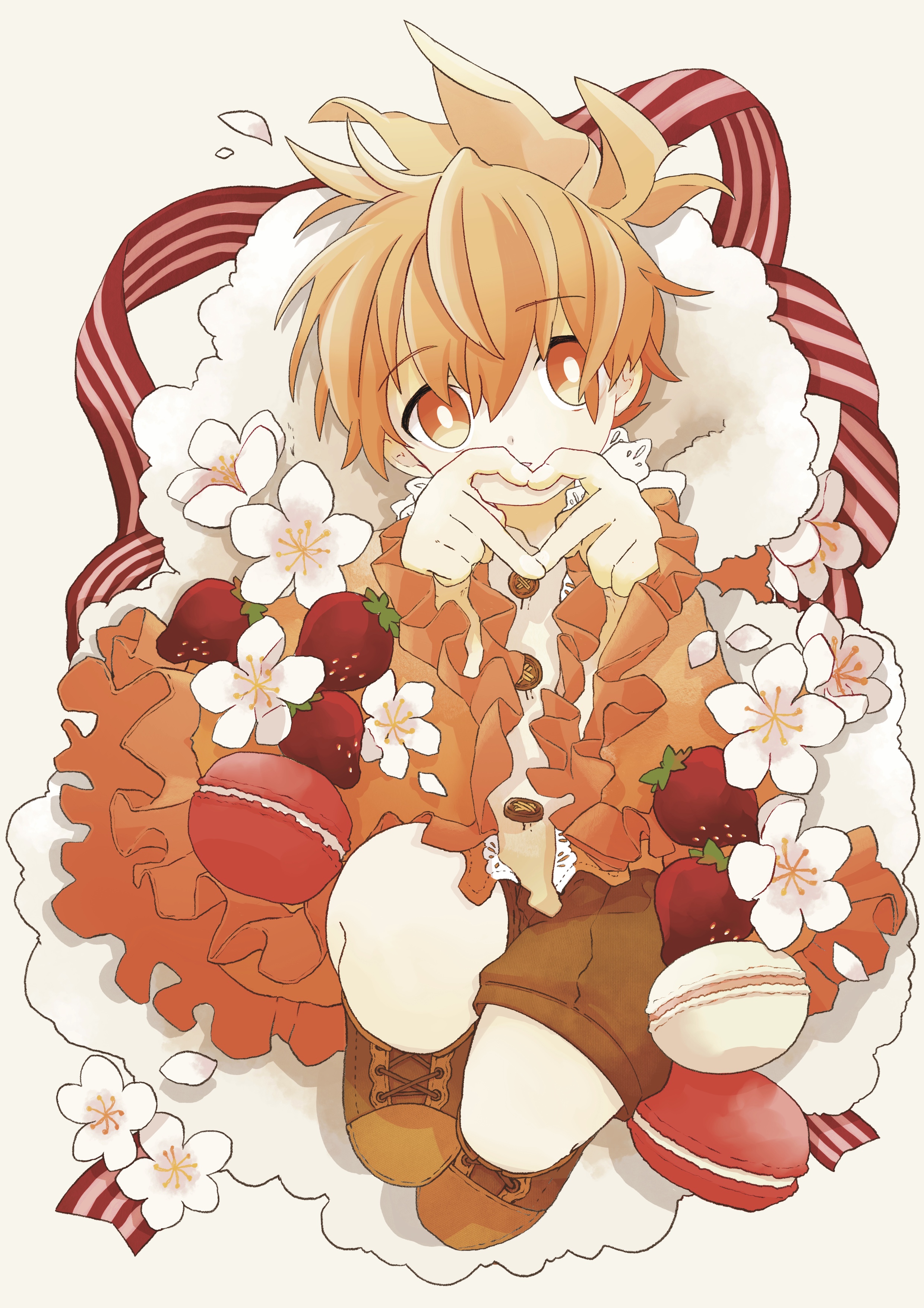 torchic, nintendo, pokemon, absurdres, highres, 1boy, brown shoes, brown shorts, buttons, flower, food, fruit, fur trim, gen 3 pokemon, hands up, heart, heart hands, hong ye, looking at viewer, macaron, orange eyes, orange hair, personification, red ribbon, ribbon, shoes, short hair, shorts, solo, strawberry, white flower
