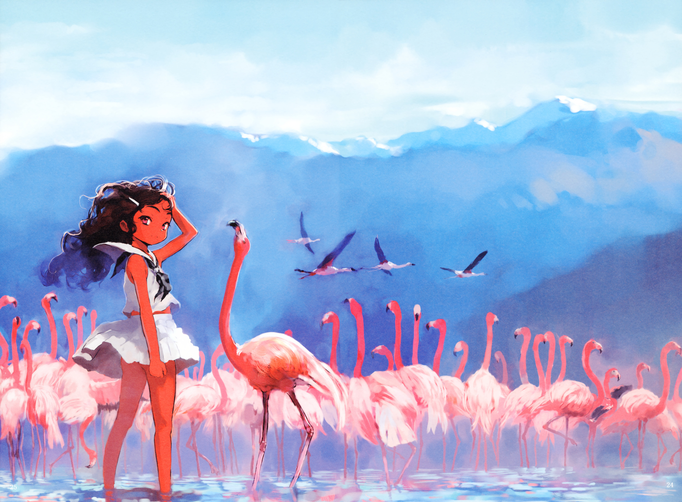 sasahara yuuki, highres, 1girl, ascot, bird, black hair, dark-skinned female, dark skin, dress, flamingo, hair ornament, hairclip, looking back, midriff, no panties, pink eyes, scenery, school uniform, serafuku, wading, water, wavy hair, white dress, wind, wind lift