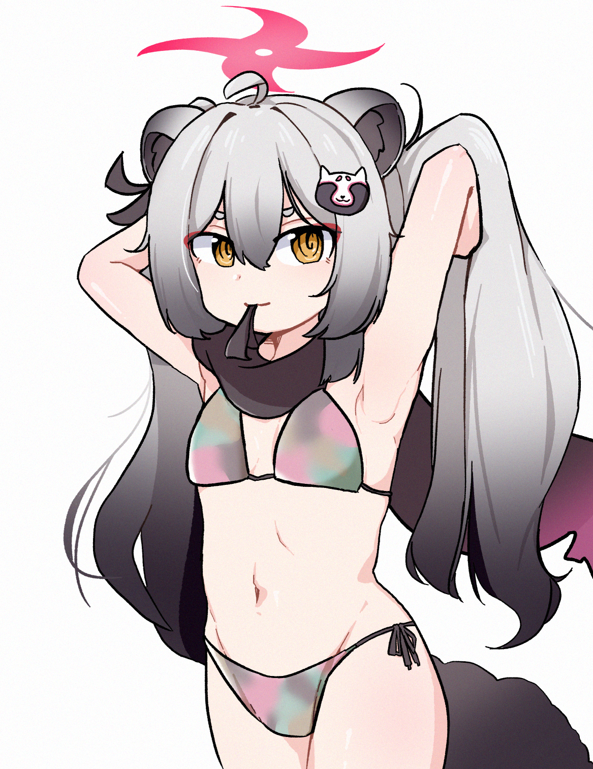 michiru (blue archive), blue archive, commentary, highres, 1girl, alternate costume, animal ears, armpits, arms behind head, bikini, black scarf, breasts, dit dit, eyeshadow, grey hair, groin, hair between eyes, hair tie in mouth, halo, long hair, looking at viewer, makeup, mouth hold, navel, raccoon ears, raccoon girl, raccoon hair ornament, raccoon tail, red eyeshadow, red halo, scarf, short eyebrows, side-tie bikini bottom, simple background, small breasts, solo, stomach, swimsuit, tail, tying hair, white background, yellow eyes