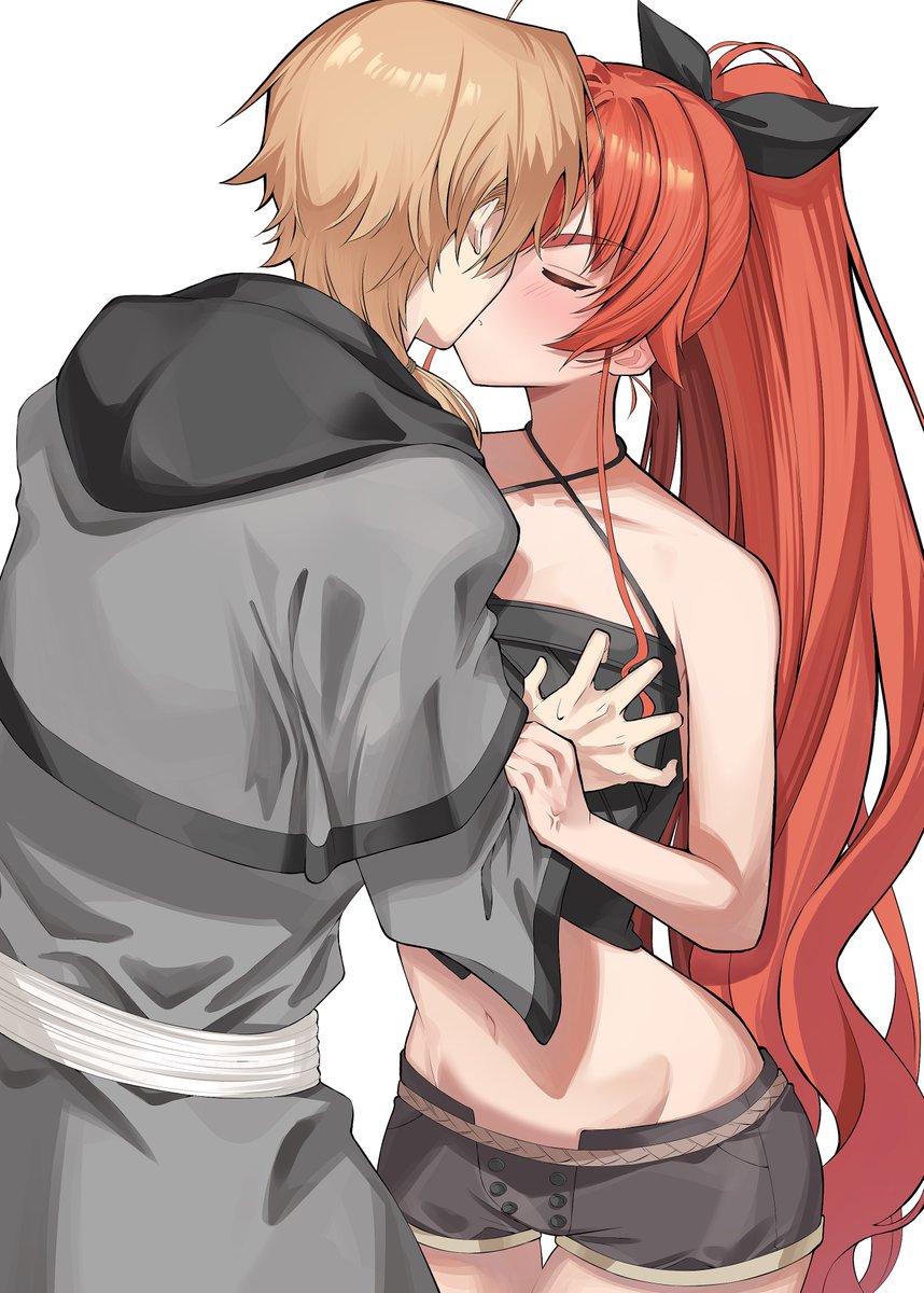 marbo (saico556), eris greyrat, rudeus greyrat, mushoku tensei, highres, 1boy, 1girl, ahoge, anger vein, blush, breasts, grabbing another's breast, groping, guided breast grab, guiding hand, hair between eyes, hetero, large breasts, long hair, navel, ponytail, red hair, shirt, short hair, simple background, very long hair, white background
