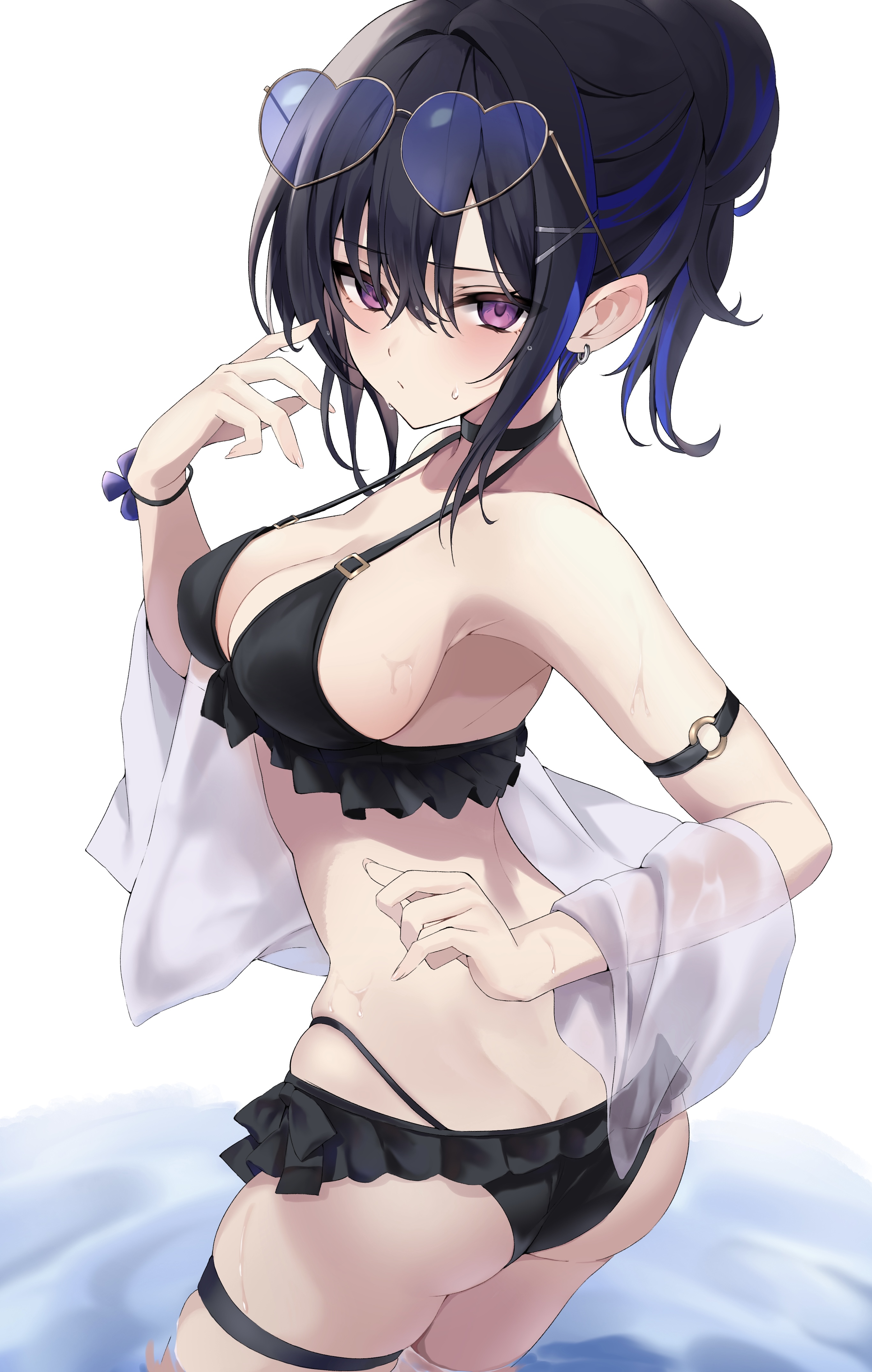 argule0901, ichinose uruha, vspo!, absurdres, commentary request, highres, 1girl, bikini, black bikini, black choker, black hair, blue hair, blush, breasts, choker, closed mouth, eyewear on head, glasses, heart, heart-shaped eyewear, looking at viewer, multicolored hair, purple eyes, solo, streaked hair, swimsuit, thigh strap, two-tone hair, virtual youtuber